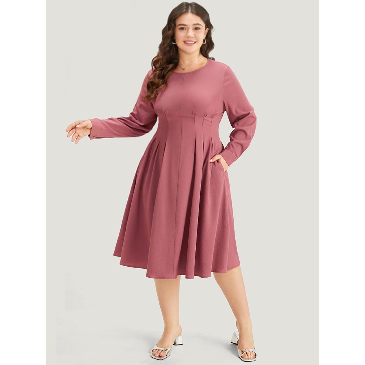 Plus Size Crew Neck Plicated Detail Ruffle Hem Dress DustyPink Women Office Plain Round Neck Long Sleeve Curvy Midi Dress BloomChic 30/6X Product Image