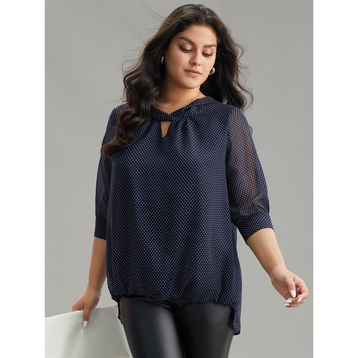 Plus Size Indigo Chiffon Polka Dot Mesh Keyhole Twist Front Blouse Women Office Elbow-length sleeve Round Neck Work Blouses BloomChic 14-16/1X Product Image