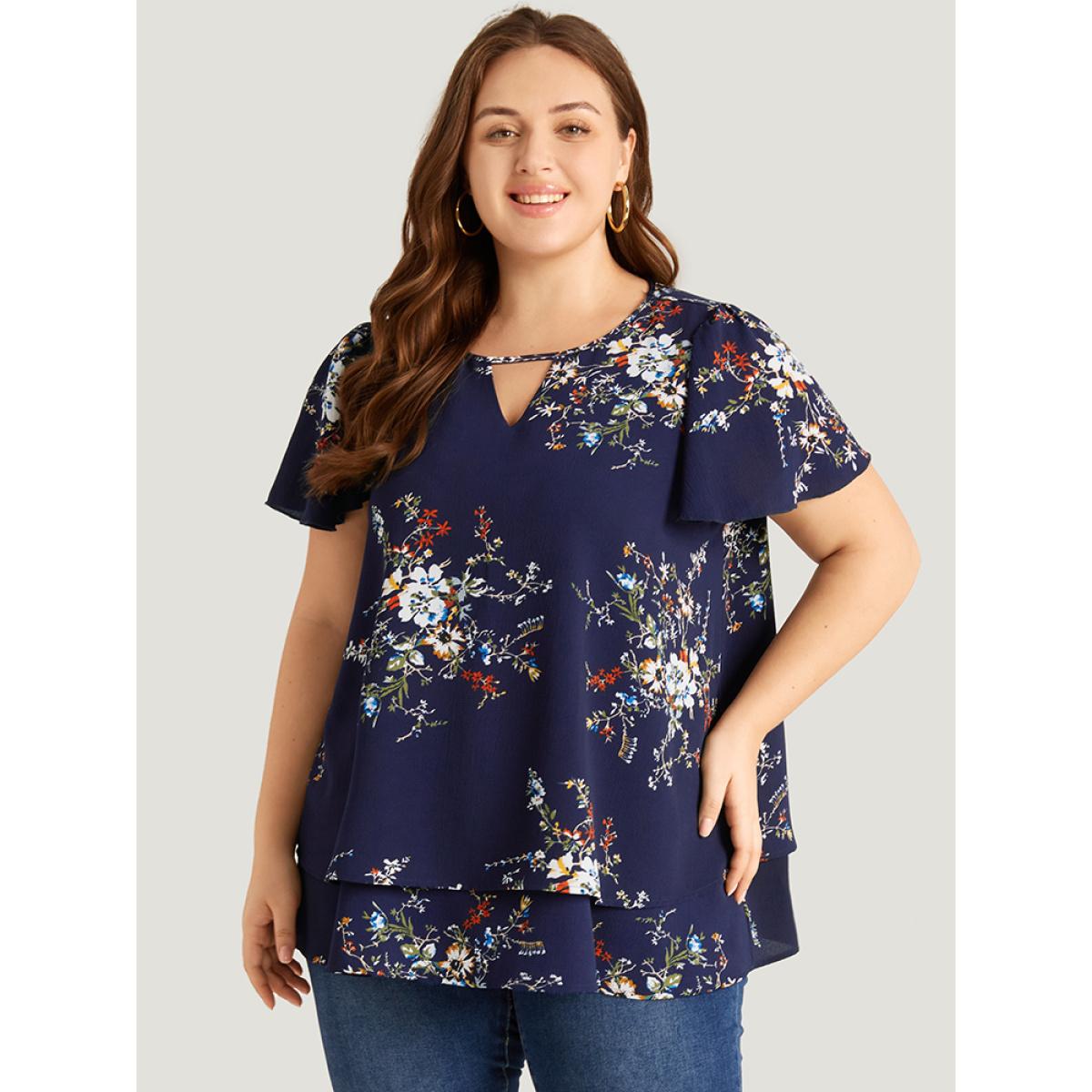 Plus Size Indigo Floral Print Keyhole Flutter Sleeve Blouse Women Elegant Short sleeve Keyhole Cut-Out Dailywear Blouses BloomChic 28/5X Product Image