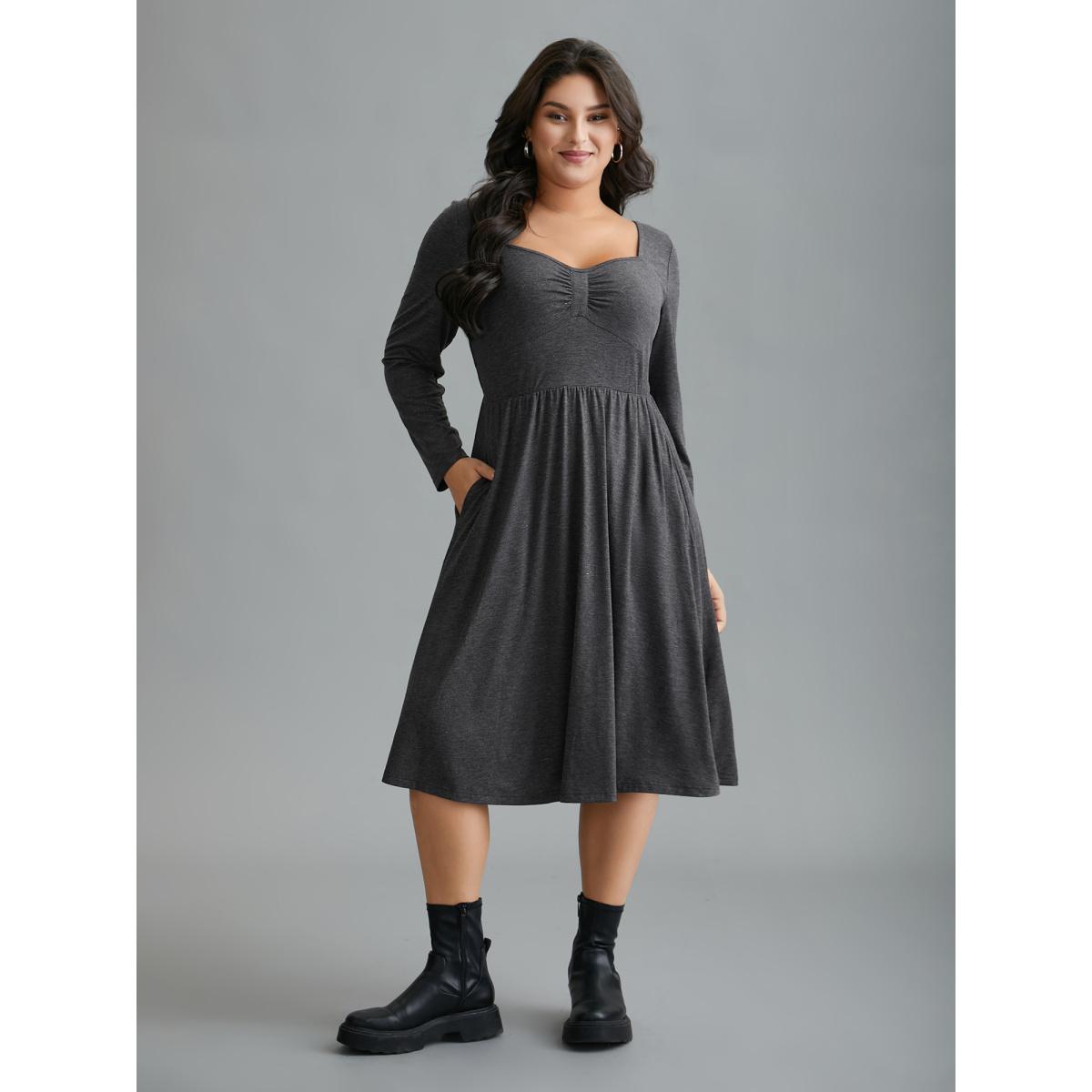 Plus Size Heart Neckline Knit Gathered Midi Dress DimGray Women Casual Gathered Knit Dresses Bloomchic 12/L Product Image