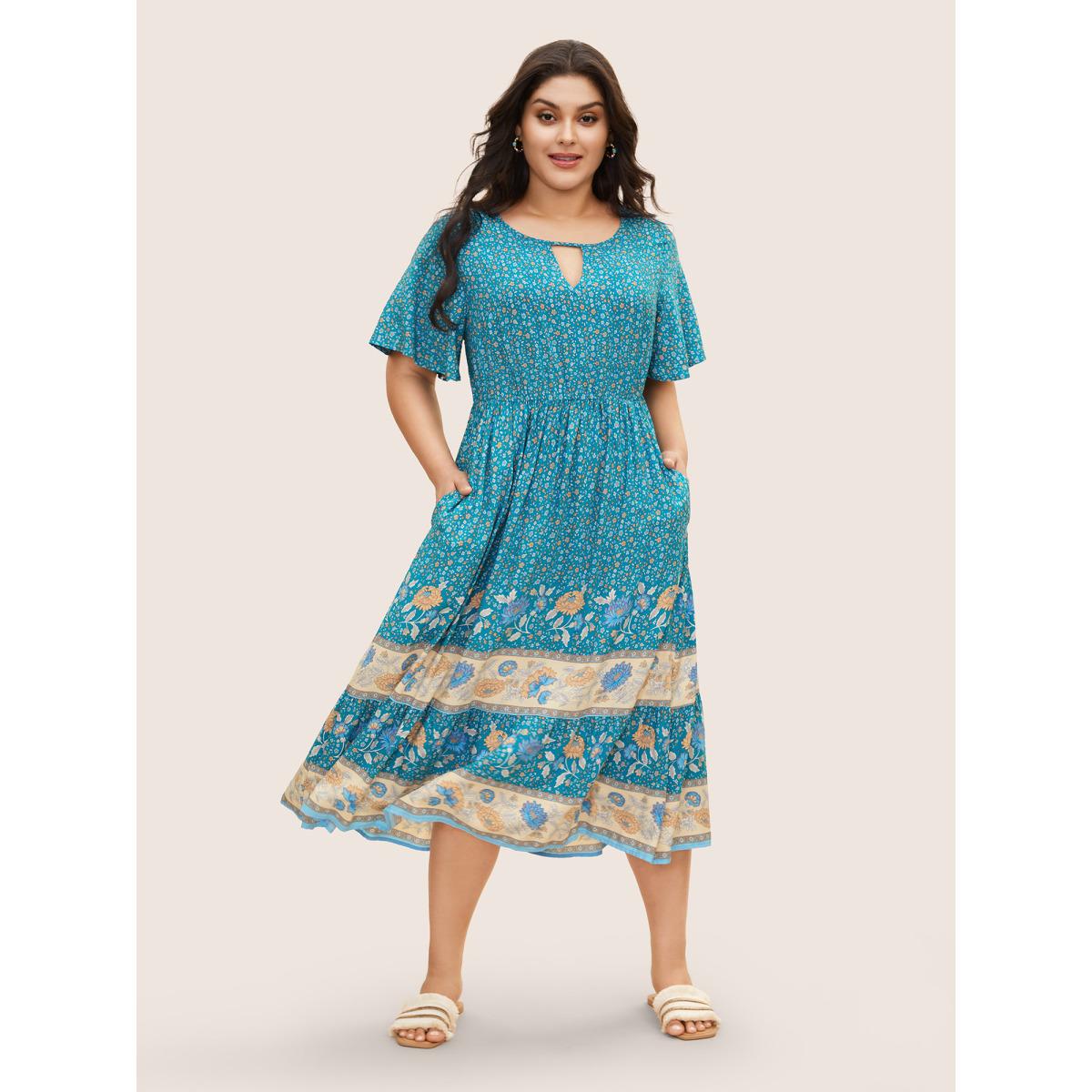 Plus Size Bandana Keyhole Ruffle Sleeve Midi Dress Mediumblue Women Resort Gathered Notched collar Short sleeve Curvy BloomChic 12/L Product Image