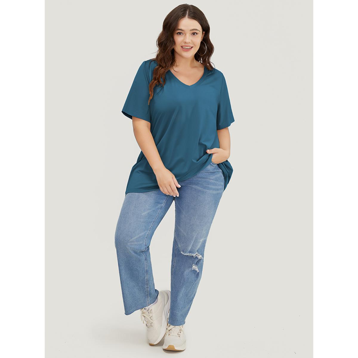 Plus Size UltraCool V Neck Short Sleeve T-shirt Aegean Women Basics Plain V-neck Dailywear T-shirts BloomChic 18-20/2X Product Image