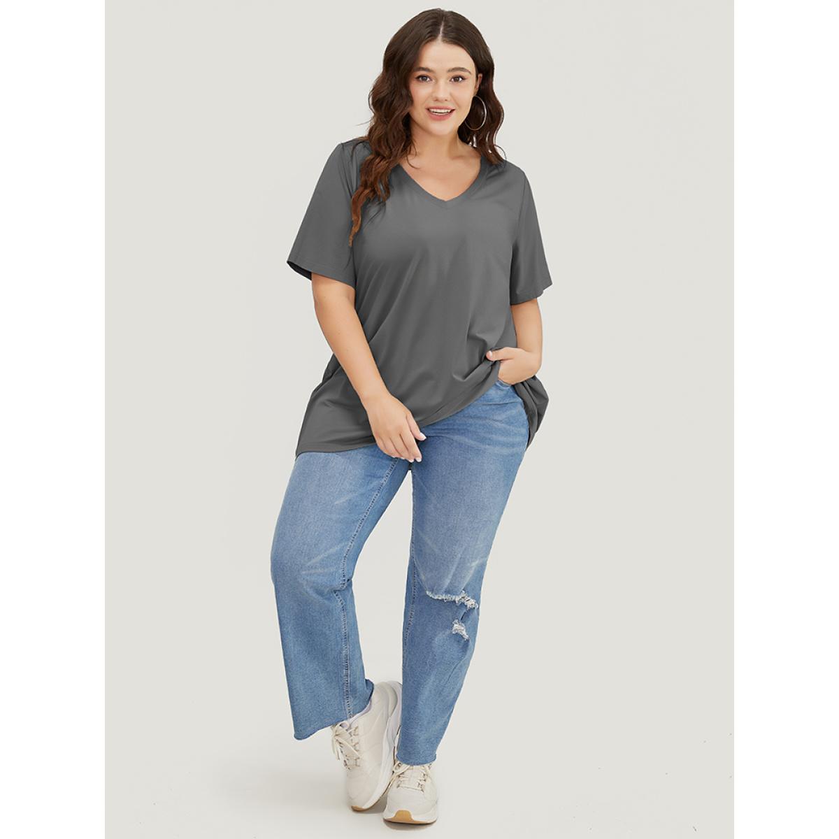Plus Size UltraCool V Neck Slightly Stretchy T-shirt Gray Women Basics Plain V-neck Dailywear T-shirts BloomChic 30/6X Product Image