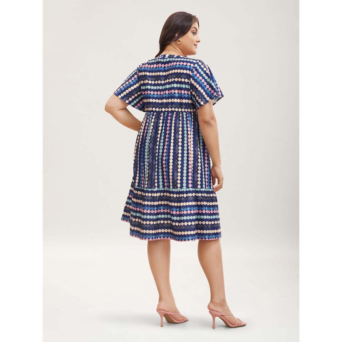 Plus Size Dot Print Elastic Waist Split Neck Midi Dress Indigo Women Casual Ruffles Flat collar with V-notch Short sleeve Curvy BloomChic 28/5X Product Image