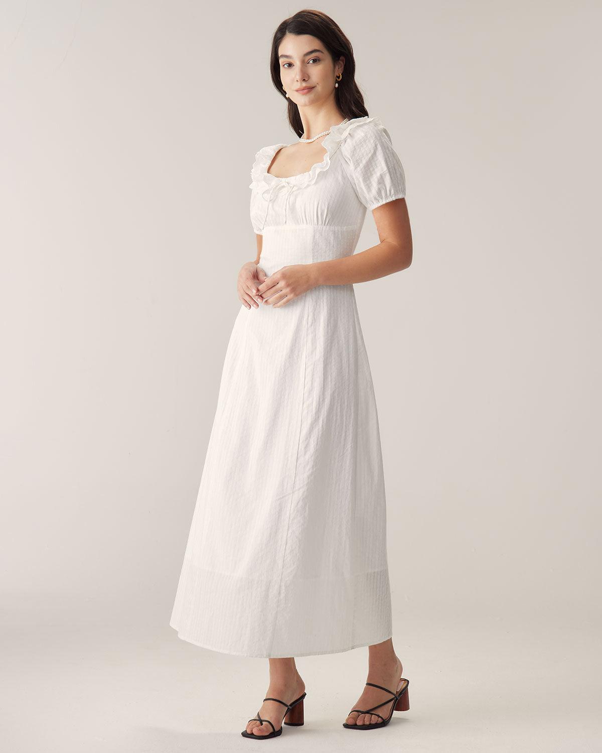 White Embroidery Puffed Sleeve Maxi Dress Product Image