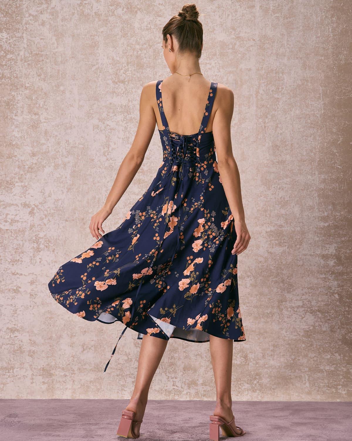 The Navy Lace Up Floral Ruched Midi Dress Product Image