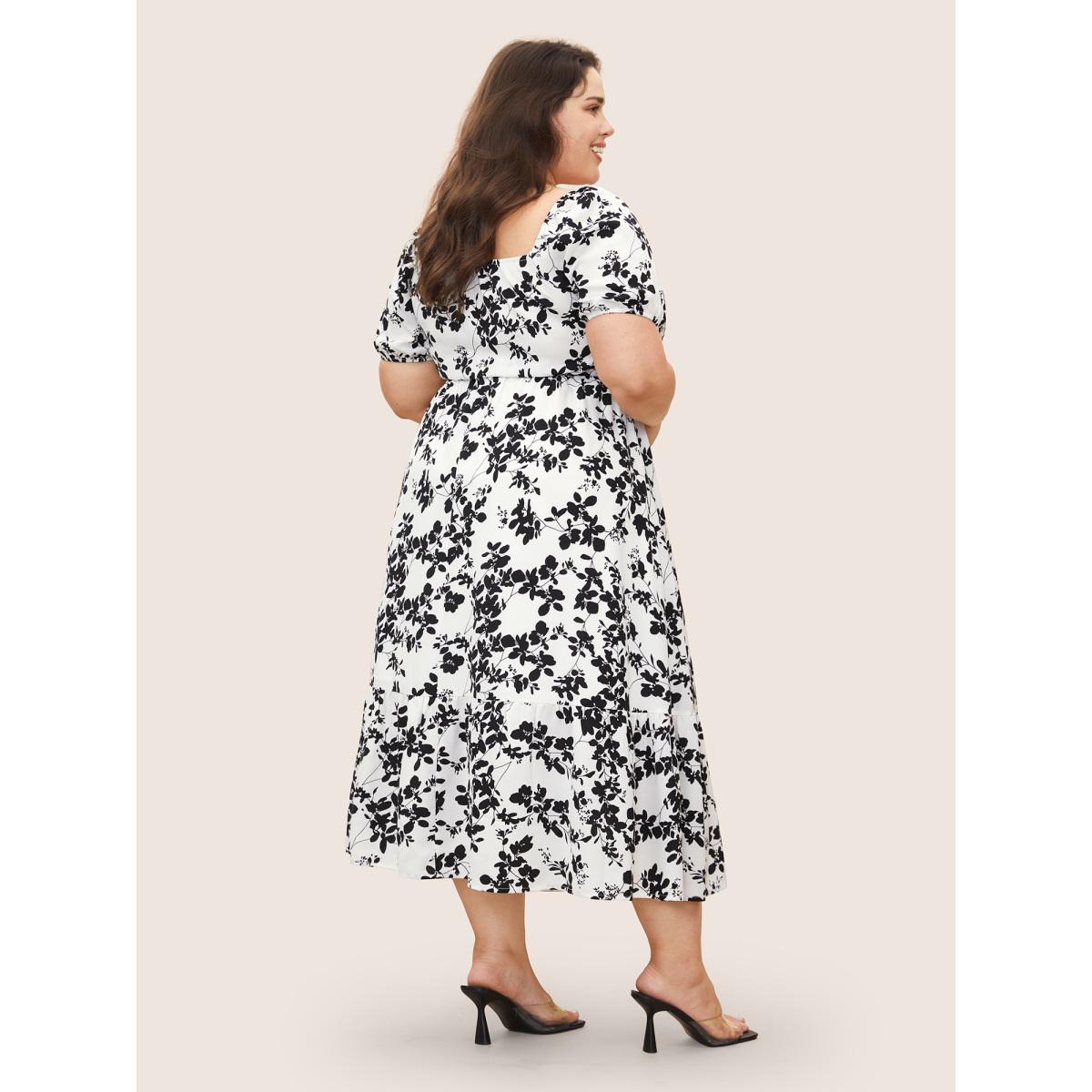 Plus Size Silhouette Floral Print Shirred Puff Sleeve Dress Black Women Elegant Gathered Square Neck Short sleeve Curvy Midi Dress BloomChic 12/L Product Image