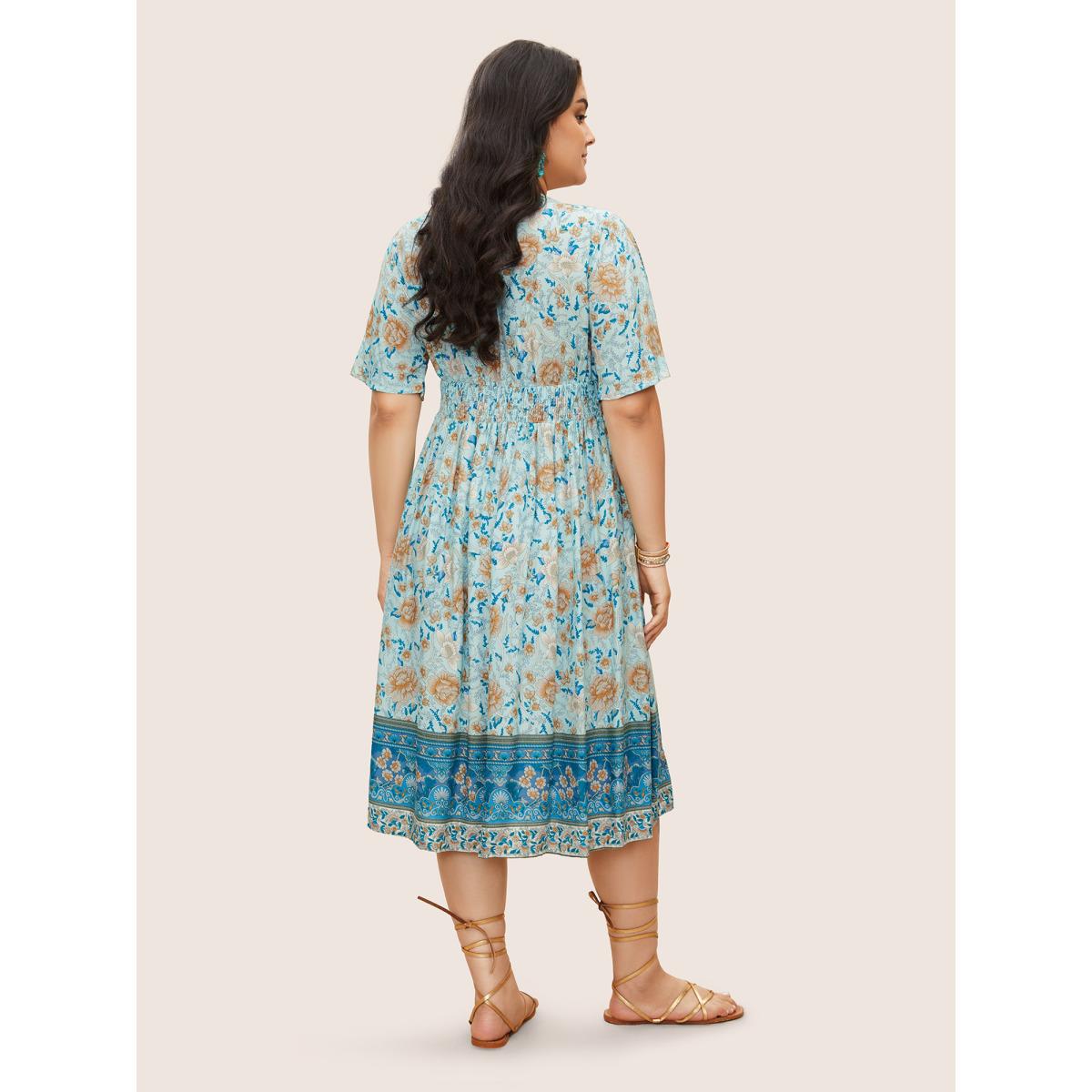 Plus Size Floral Dolman Sleeve Ruffles Shirred Split Hem Dress Turquoise Women Resort Non V-neck Short sleeve Curvy Midi Dress BloomChic 12/L Product Image
