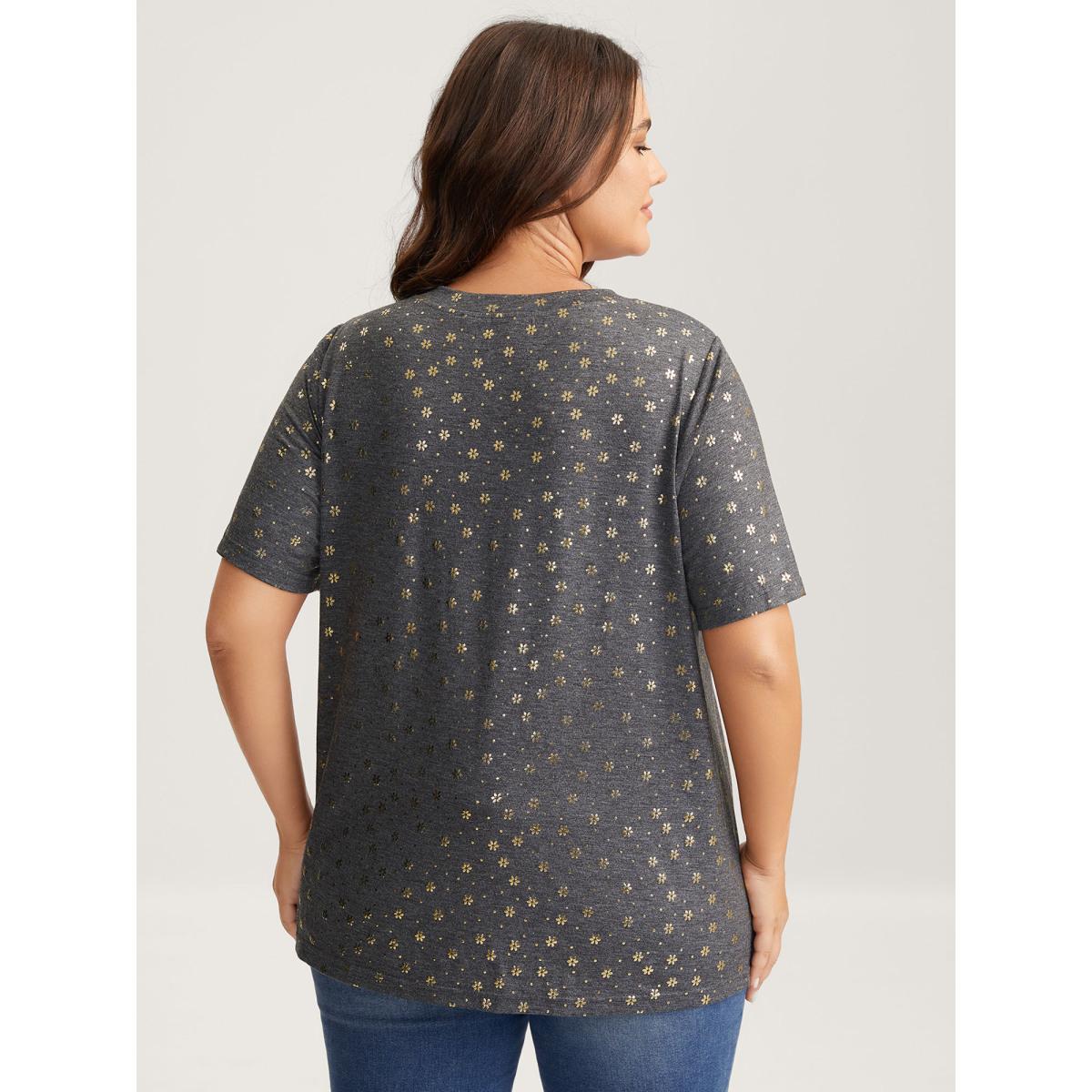 Plus Size Supersoft Stretchy Gold Floral T-Shirt DimGray Women Leisure Non V-neck Casual T-shirts BloomChic 10/M Product Image