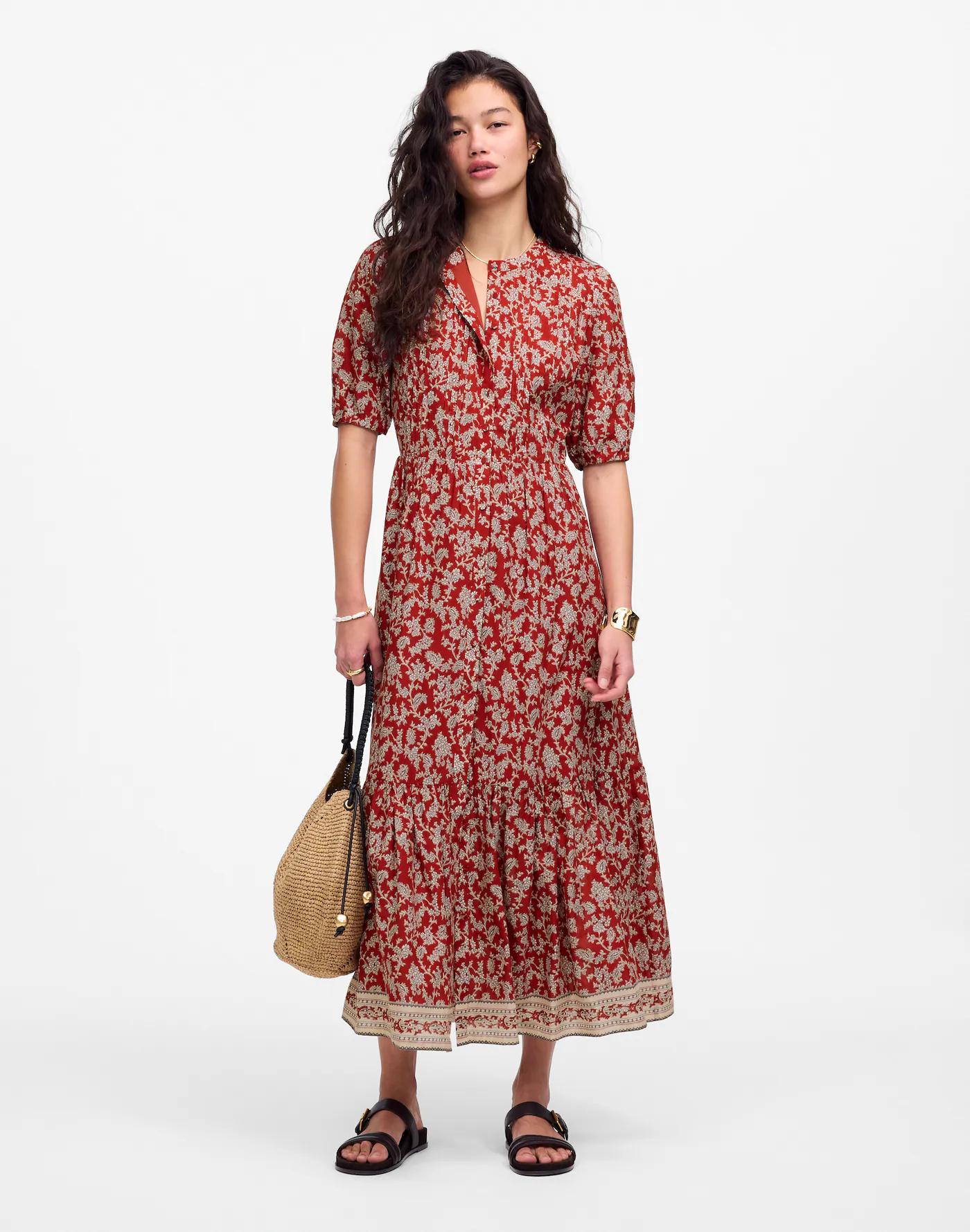 Pintucked Puff-Sleeve Midi Dress in Floral Product Image