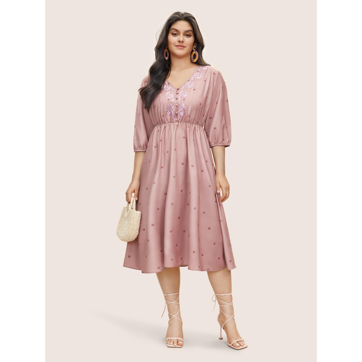 Plus Size Floral Embroidered Button Up Lantern Sleeve Dress DustyPink Women Resort Non V-neck Elbow-length sleeve Curvy Midi Dress BloomChic 26/4X Product Image