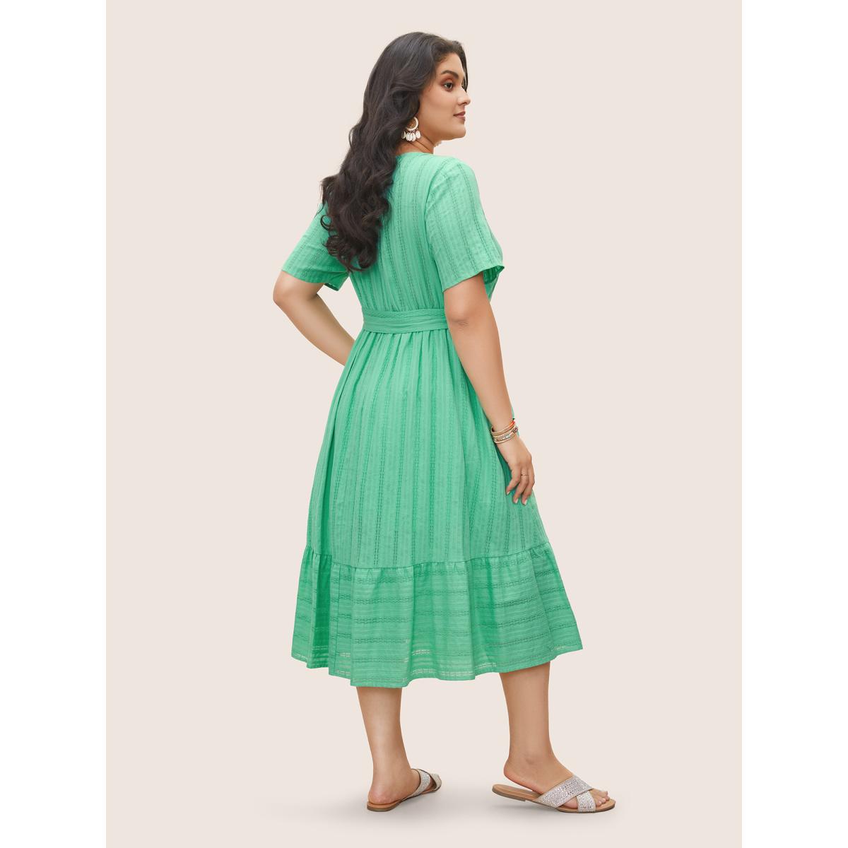 Plus Size Square Neck Texture Patchwork Ruffle Hem Dress Aquamarine Women Resort Texture Square Neck Short sleeve Curvy Midi Dress BloomChic 22-24/3X Product Image