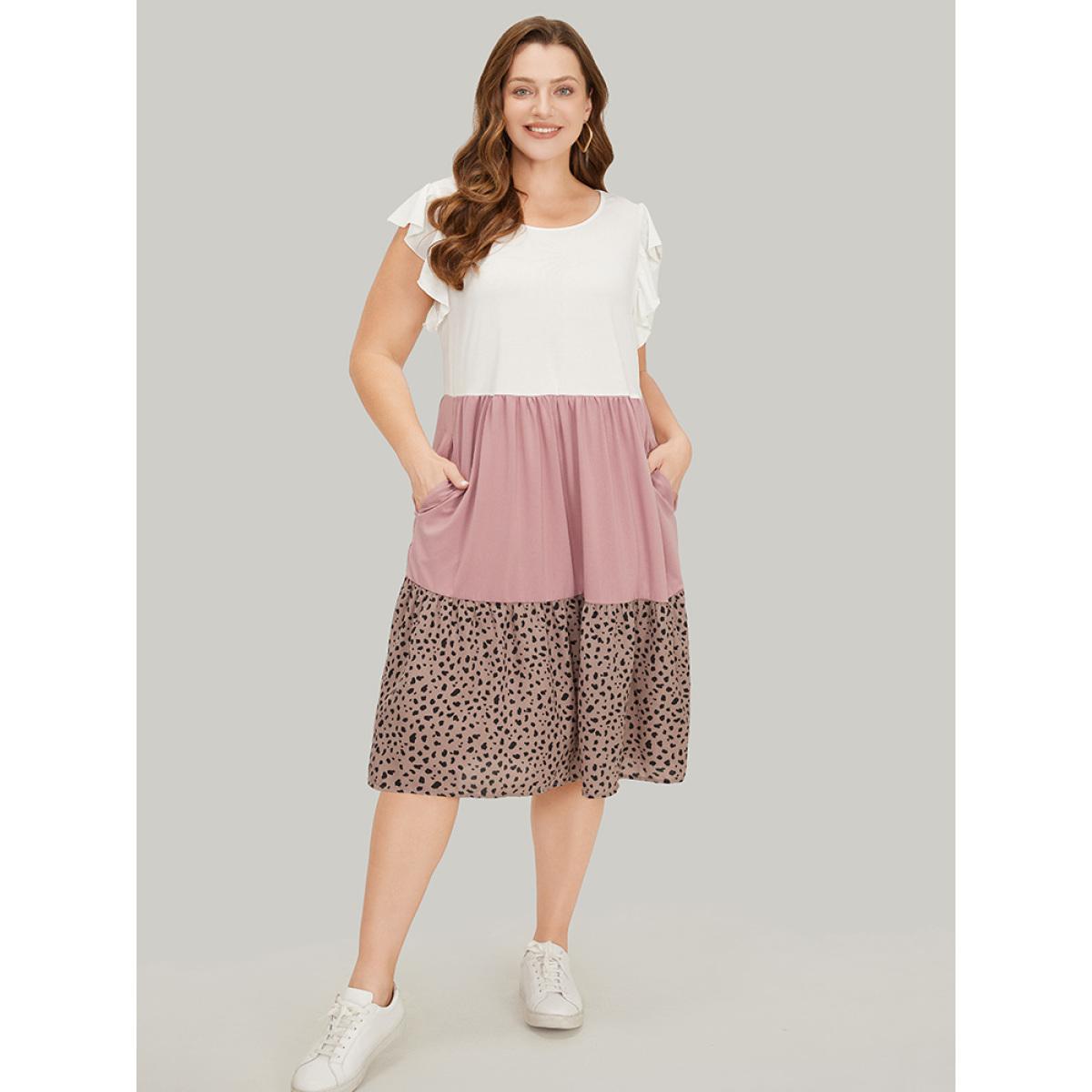 Plus Size Leopard Contrast Ruffle Trim Pocket Layered Hem Dress Multicolor Women Casual Patchwork Round Neck Cap Sleeve Curvy Midi Dress BloomChic 26/4X Product Image