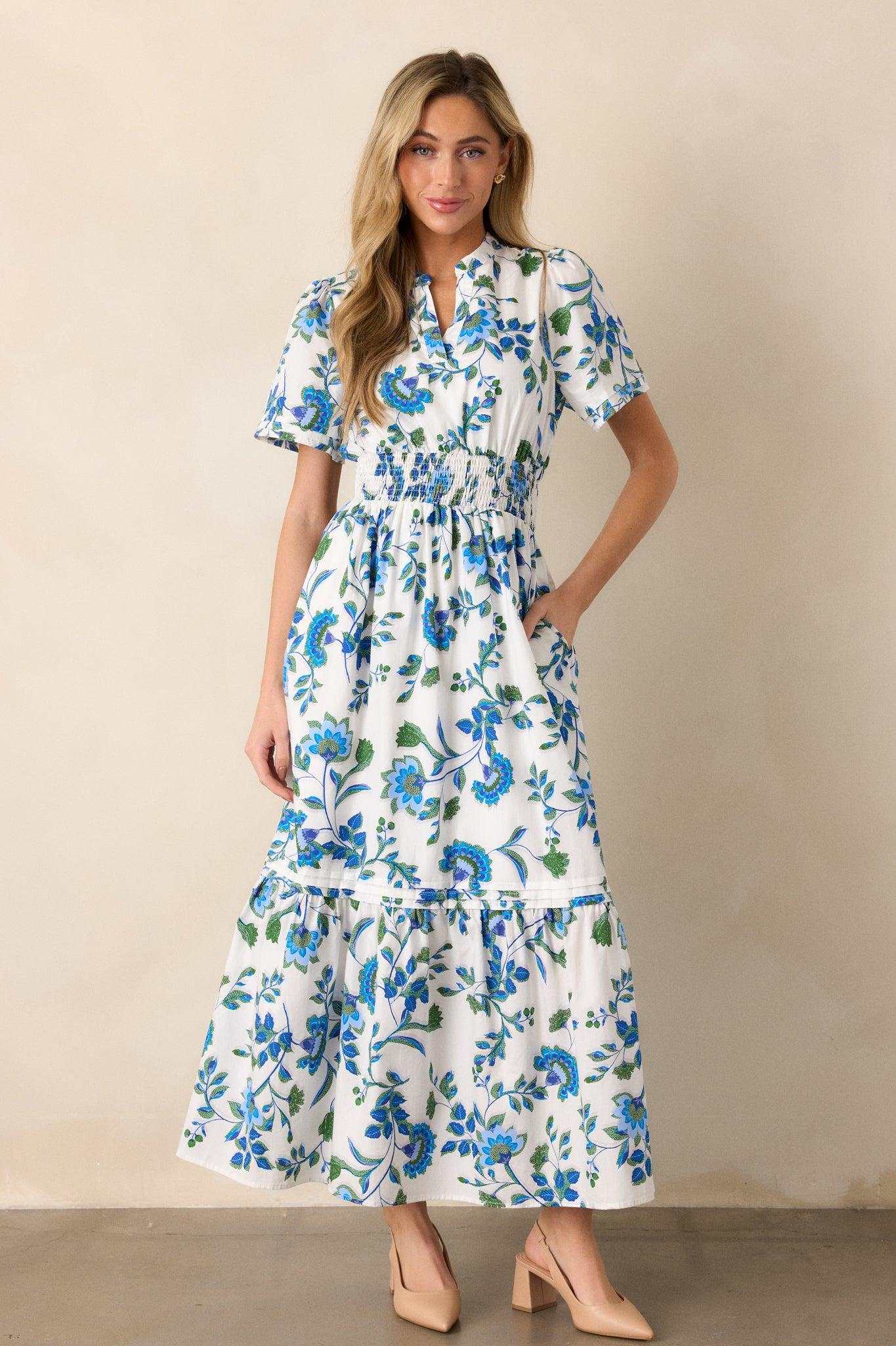 Only Bliss Cotton Blue Floral Maxi Shirt Dress Product Image