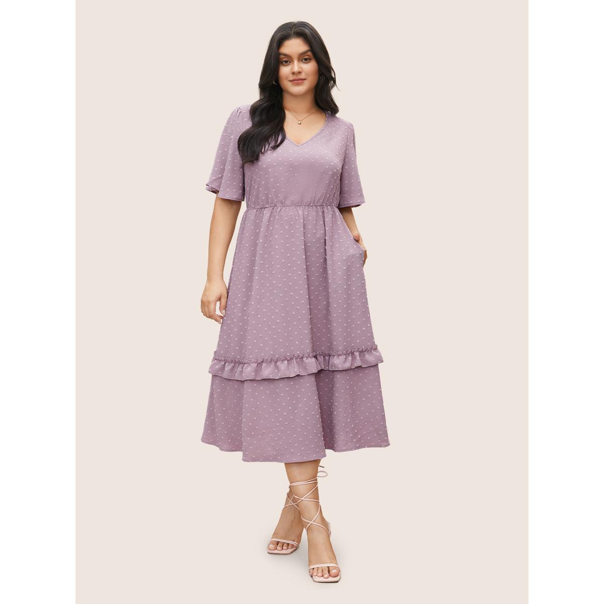 Polka Dot Shirred Plus Size Women Elegance Dress Plain Pocket Ruffle Sleeve Short Sleeve V Neck Pocket Dailywear Midi Dress BloomChic Product Image