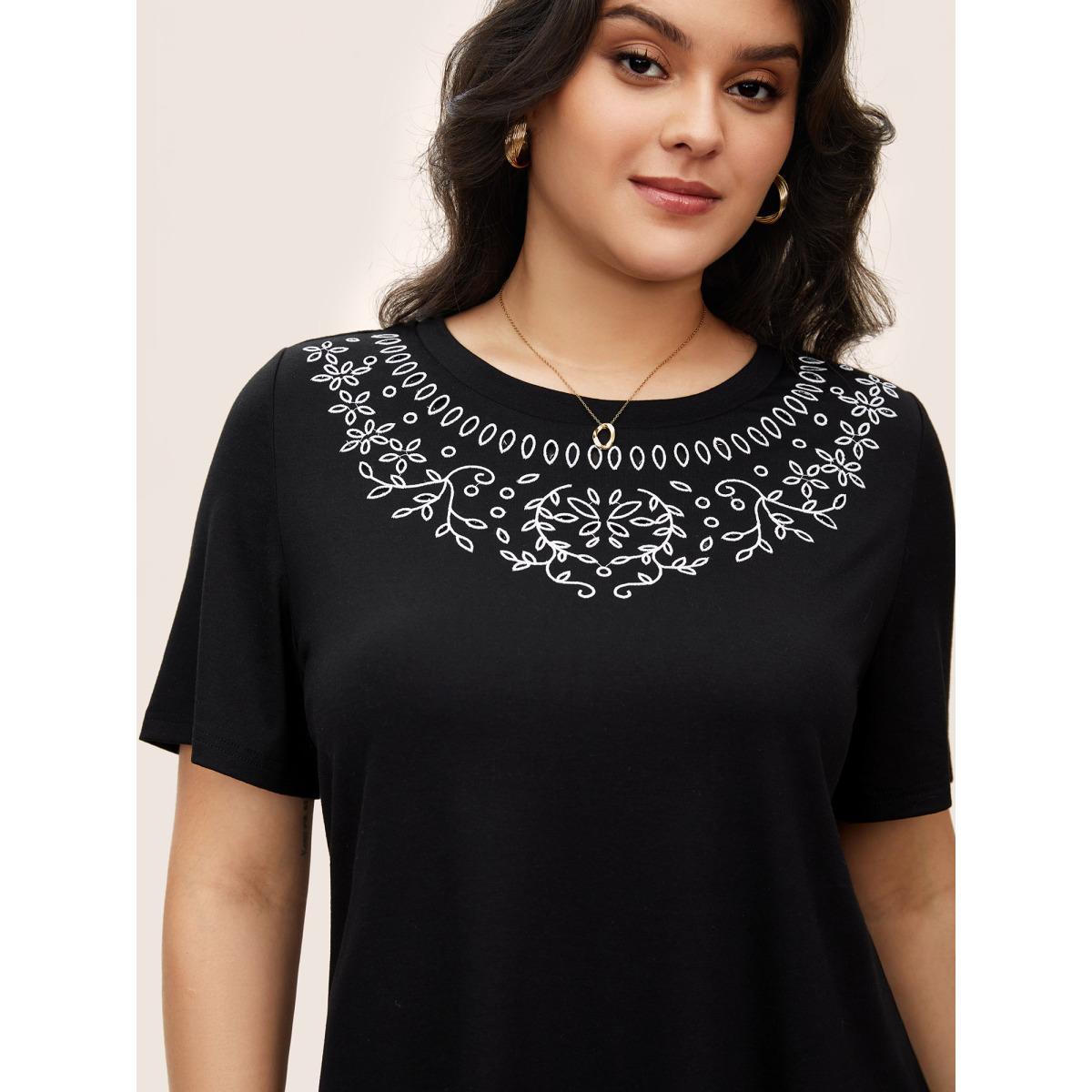 Plus Size Floral Embroidered Round Neck T-shirt Black Women Elegant Embroidered Round Neck Everyday T-shirts BloomChic 18-20/2X Product Image