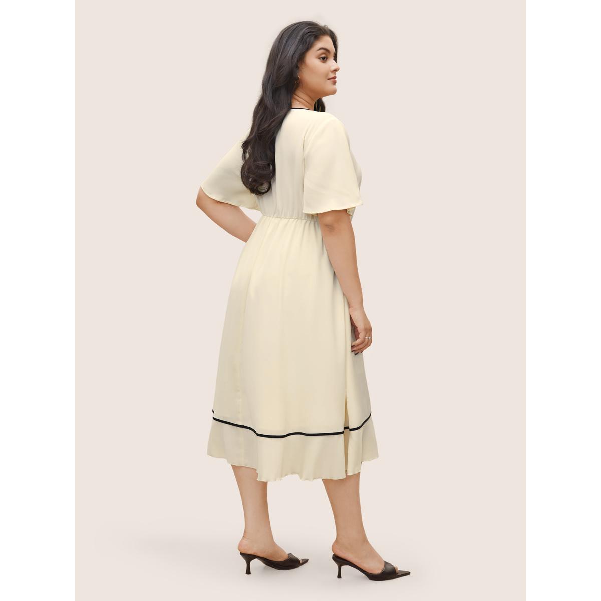 Plus Size Anti-Wrinkle Wrap Tiered Ruffles Contrast Ties Dress Beige Women At the Office Non Overlap Collar Short sleeve Curvy Midi Dress BloomChic 30/6X Product Image
