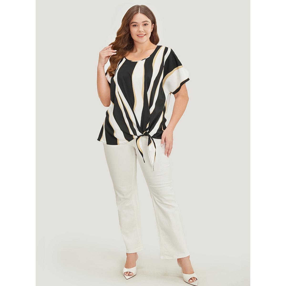 Plus Size Multicolor Geometric Contrast Batwing Sleeve Knot Hem Blouse Women Office Short sleeve Round Neck Dailywear Blouses BloomChic 22-24/3X Product Image