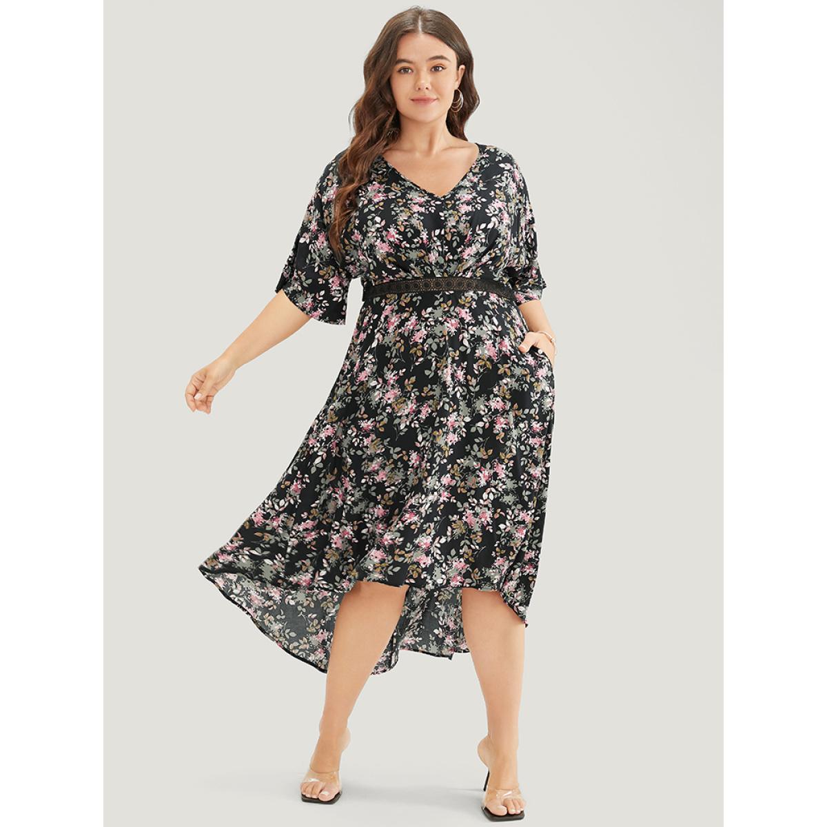 Plus Size Floral Lace Insert Dolman Sleeve Pocket Ruffle High Low Dress Black Women Elegant Lace V-neck Short sleeve Curvy Midi Dress BloomChic 30/6X Product Image