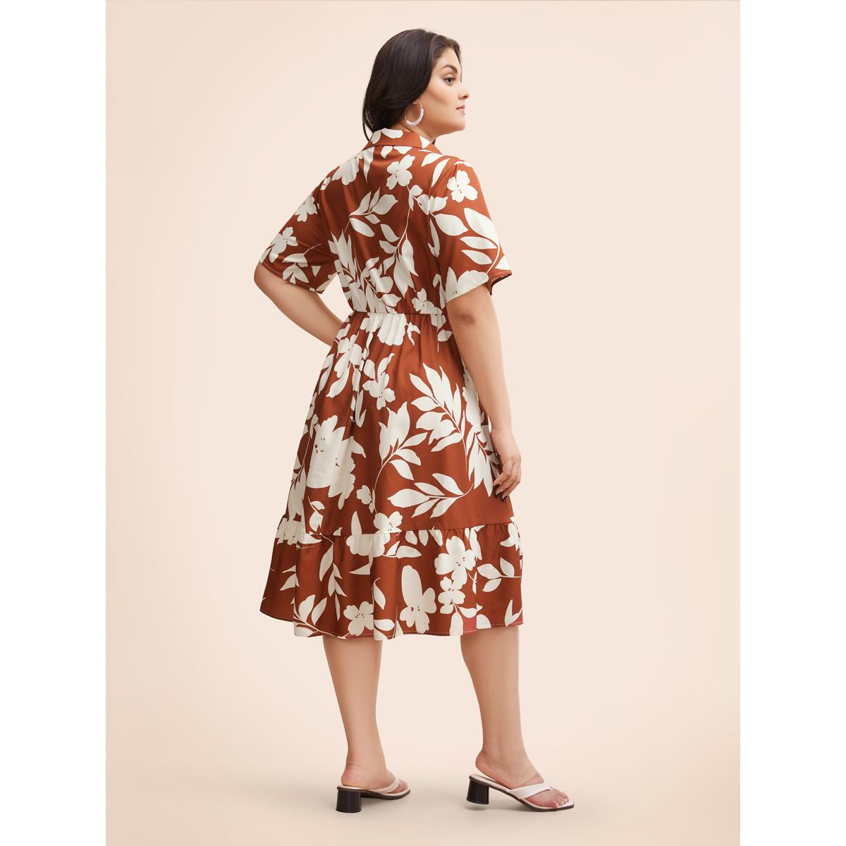Plus Size Silhouette Floral Print Button Detail Midi Dress Russet Women Elegant Button Shirt collar Short sleeve Curvy BloomChic 26/4X Product Image