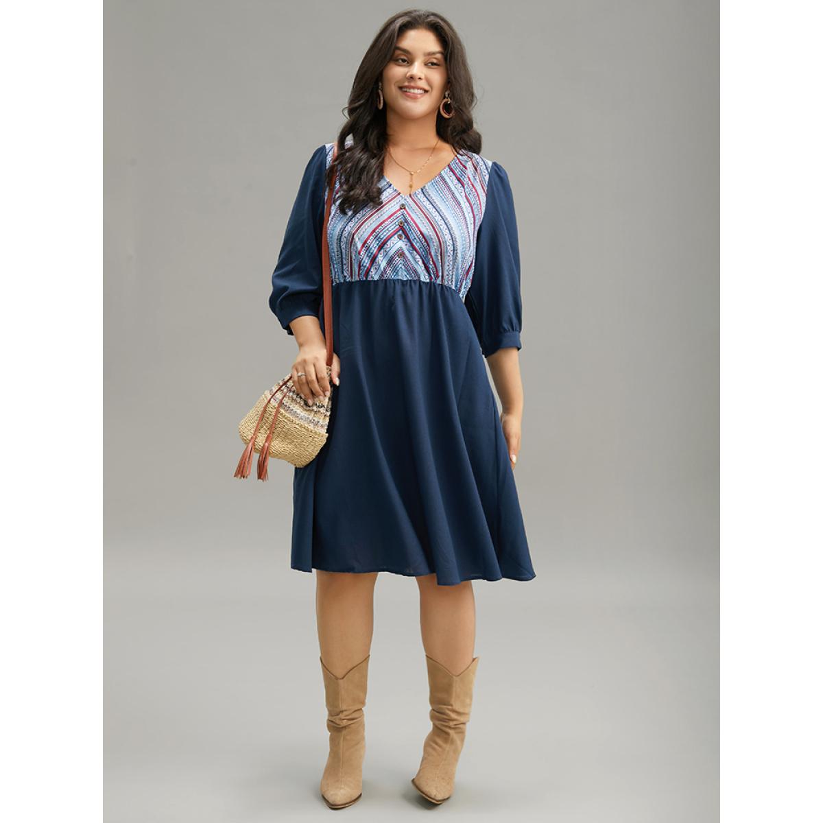 Plus Size Boho Print Striped Patchwork Lantern Sleeve Dress Indigo Women Vacation Printed V-neck Elbow-length sleeve Curvy Midi Dress BloomChic 22-24/3X Product Image