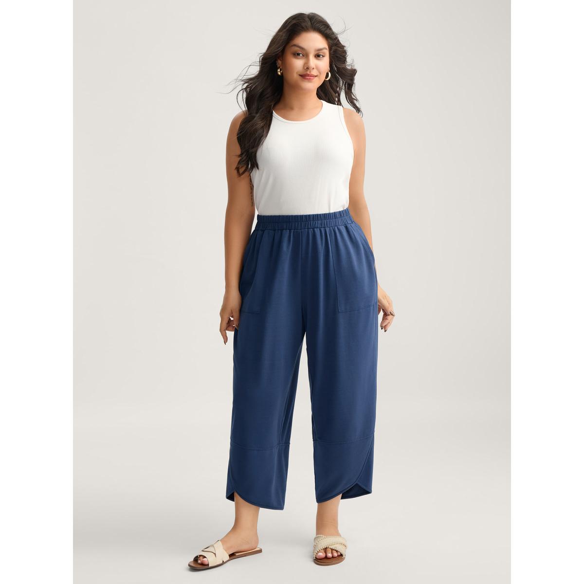 Plus Size Mid Waist Rolled Hem Straight-Leg Solid Pants Women DimGray At the Office Straight Leg Mid Rise Office Pants BloomChic 22-24/3X Product Image