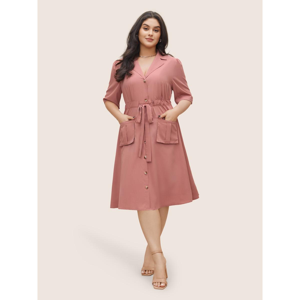Plus Size Solid Patched Pocket Ties Gathered Dress Crepe Women At the Office Non Suit Collar Half Sleeve Curvy Midi Dress BloomChic 30/6X Product Image