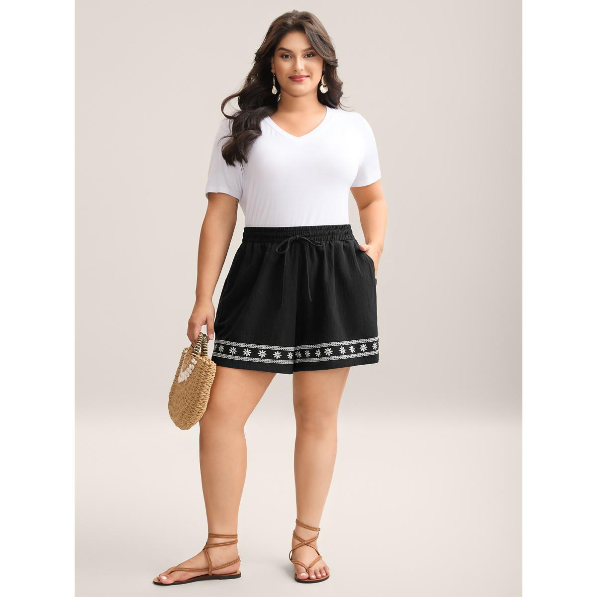 Plus Size Cotton Embroidery Waist-Tie Straight-Fit Shorts Women Black Boho Embroidered Vacation Shorts BloomChic 10/M Product Image