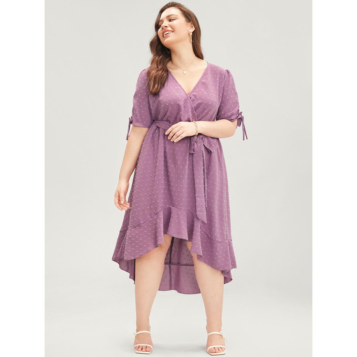 Plus Size Plain Wrap Ruffles Pocket Belted High Low Hem Dress Mauve Women Elegant Gathered V-neck Short sleeve Curvy Midi Dress BloomChic 14-16/1X Product Image