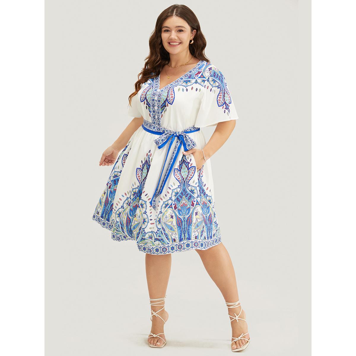 Plus Size Bandana Button Detail Pocket Belt Knee Dress Blue Women Vacation Lined V-neck Short sleeve Curvy Knee Dress BloomChic 26/4X Product Image