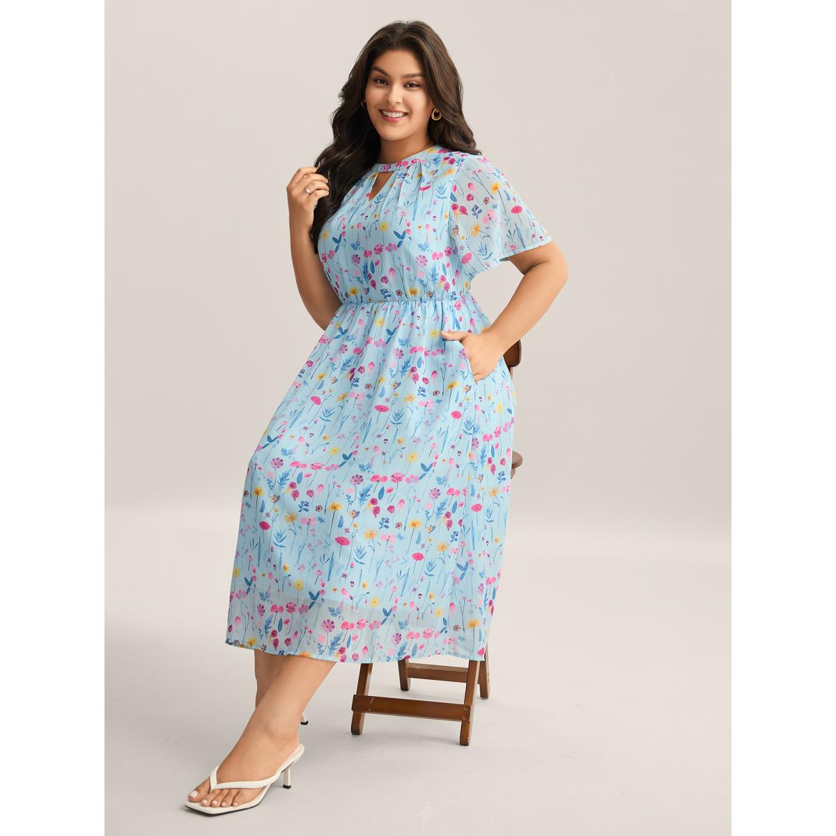 Plus Size Garden Print Stretchy Sheer Midi Dress LightBlue Women Round Neck Short sleeve Curvy BloomChic 10/M Product Image