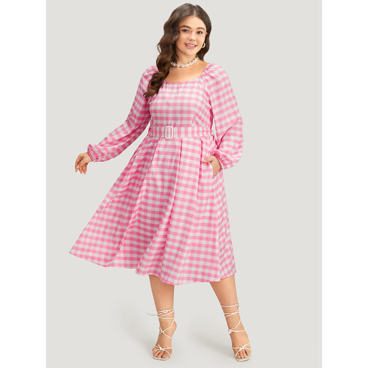 Plus Size Halloween Plaid Print Belted Square Neck Lantern Sleeve Dress Pink Women Elegant Elastic cuffs Square Neck Long Sleeve Curvy Midi Dress BloomChic 30/6X Product Image