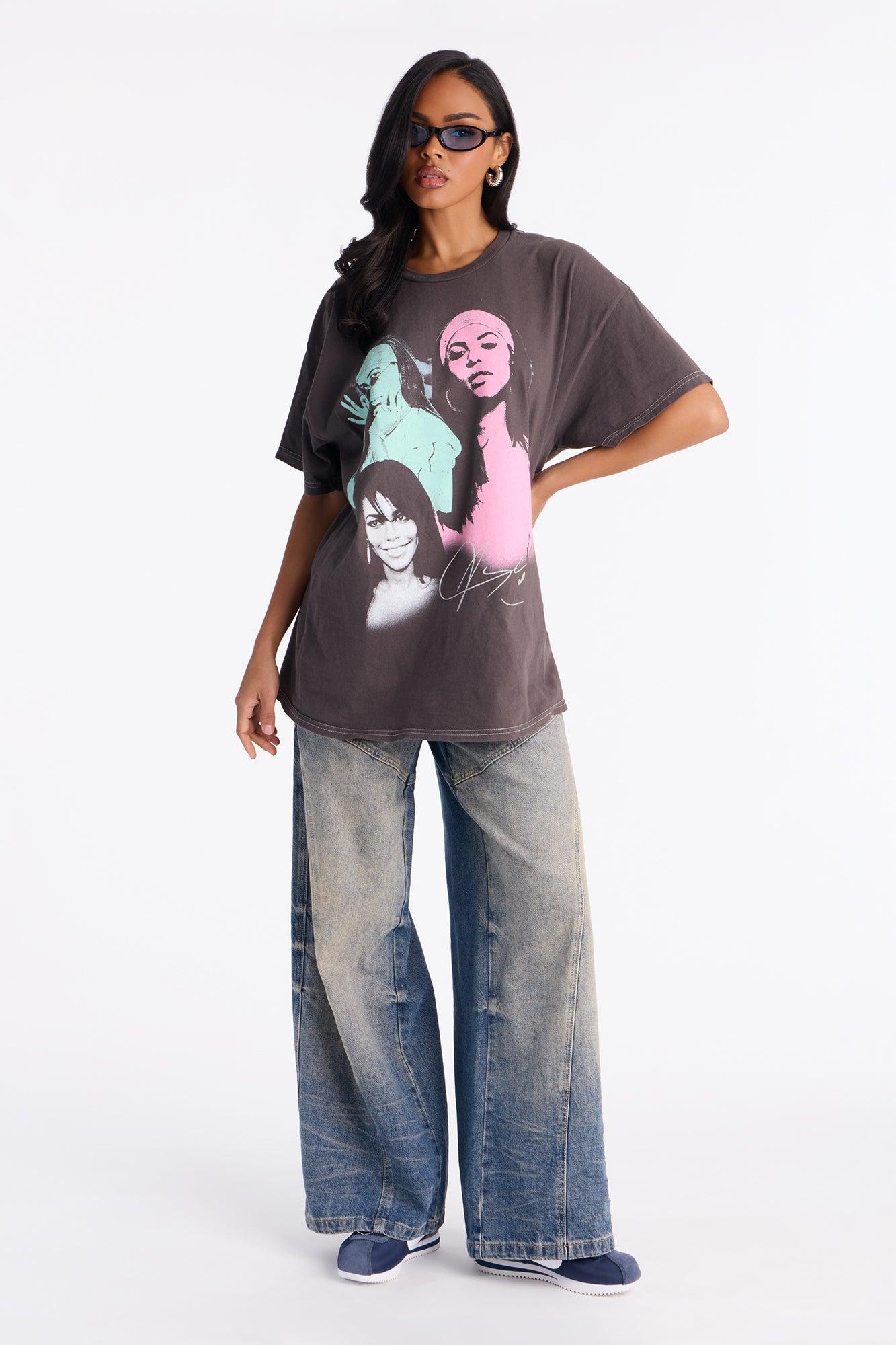 Aaliyah Short Sleeve One In A Million Washed Tee - Grey Female Product Image