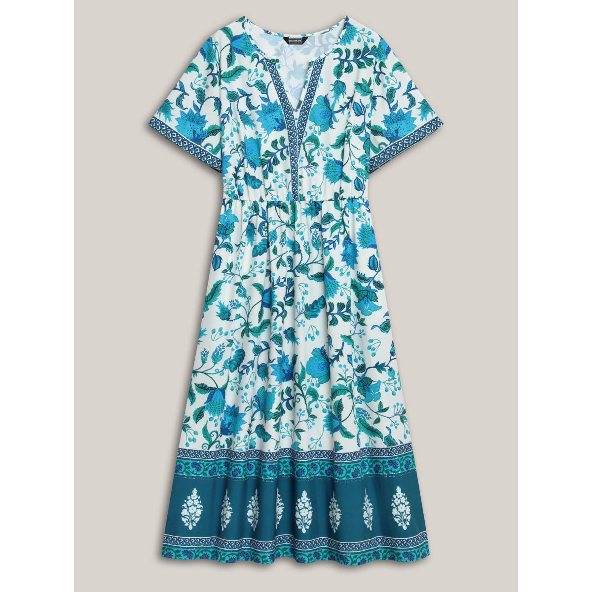 Plus Size Boho Print Notched Collar Midi Dress Teal Women Boho Non Flat collar with V-notch Short sleeve Curvy BloomChic 26/4X Product Image