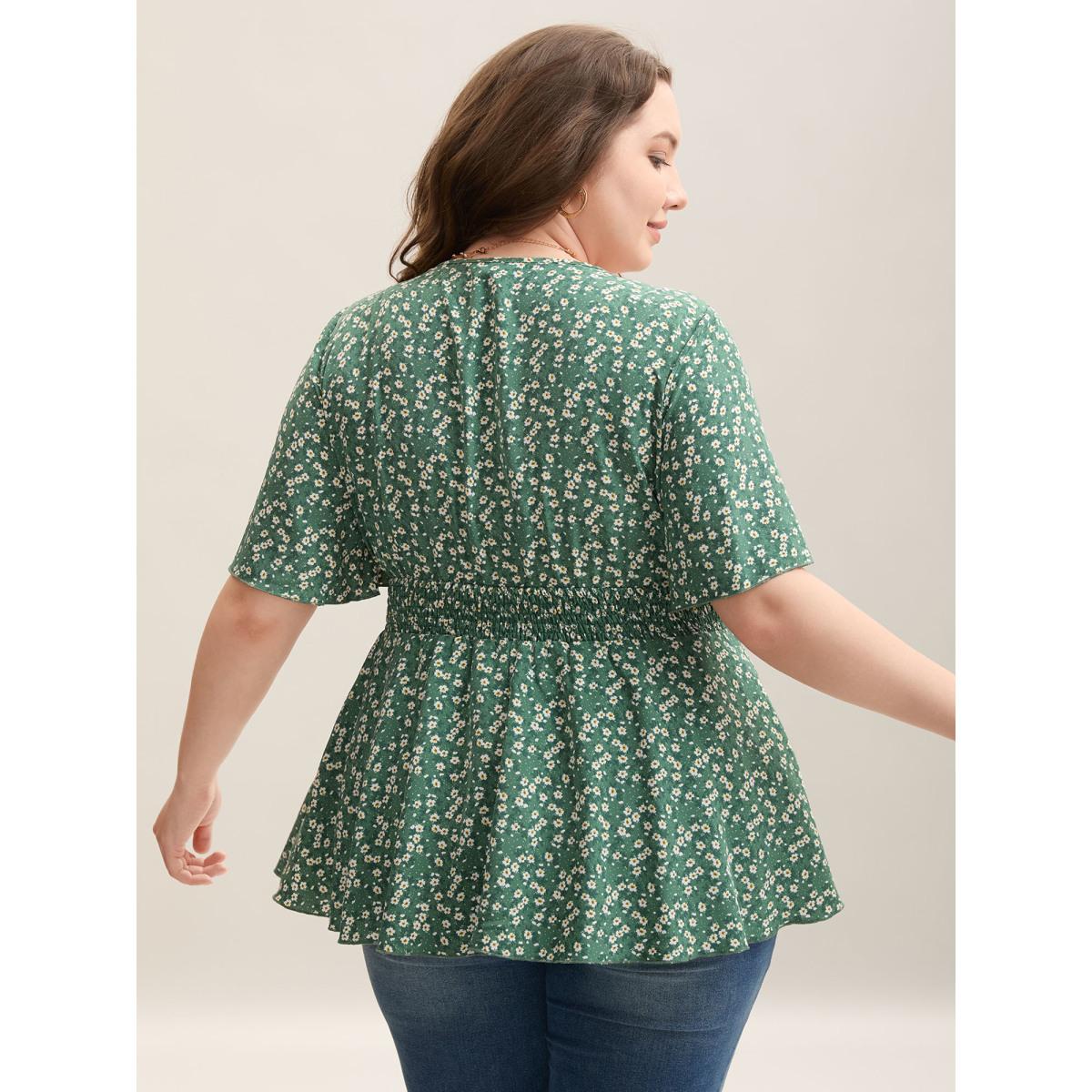 Plus Size Emerald Floral Print Shirred Waist Cinched Blouse Women Elegant Short sleeve Overlap Collar Everyday Blouses BloomChic 22-24/3X Product Image