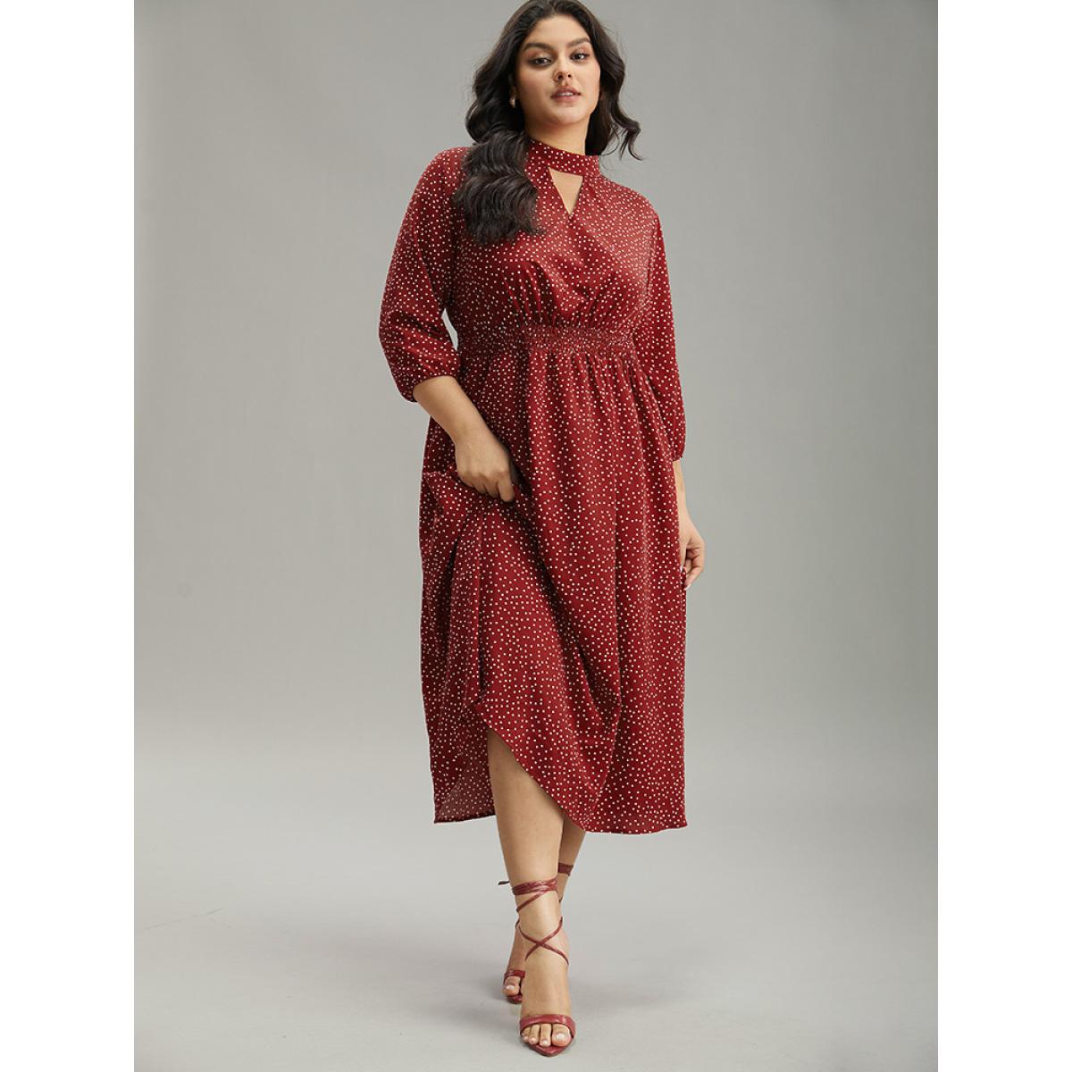 Plus Size Polka Dot Keyhole Pocket Mock Neck Dress Scarlet Women Elegant Elastic cuffs Mock Neck Elbow-length sleeve Curvy Midi Dress BloomChic 22-24/3X Product Image