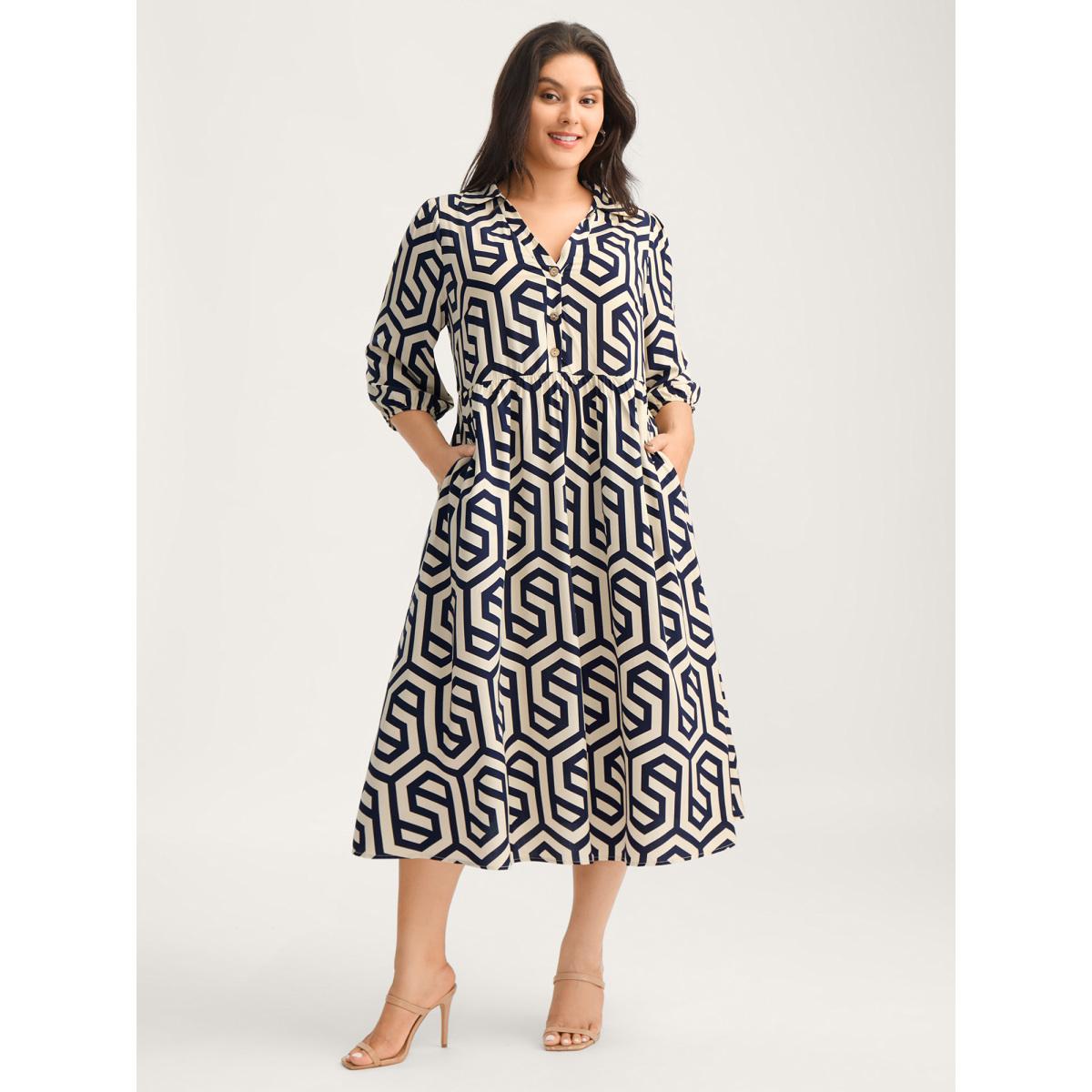 Plus Size Rayon Geometric Pattern Button Midi Dress DarkBlue Women Shirt collar Elbow-length sleeve Curvy BloomChic 22-24/3X Product Image