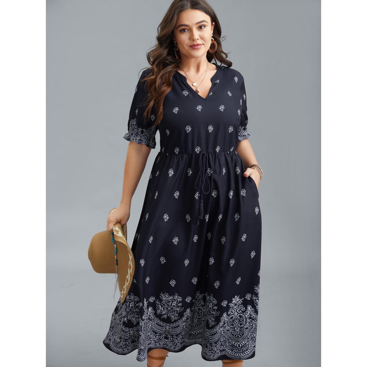 Plus Size Floral Waist-Tie Notched Collar Midi Dress Indigo Women Boho Ruffles Notched collar Half Sleeve Curvy BloomChic 18-20/2X Product Image