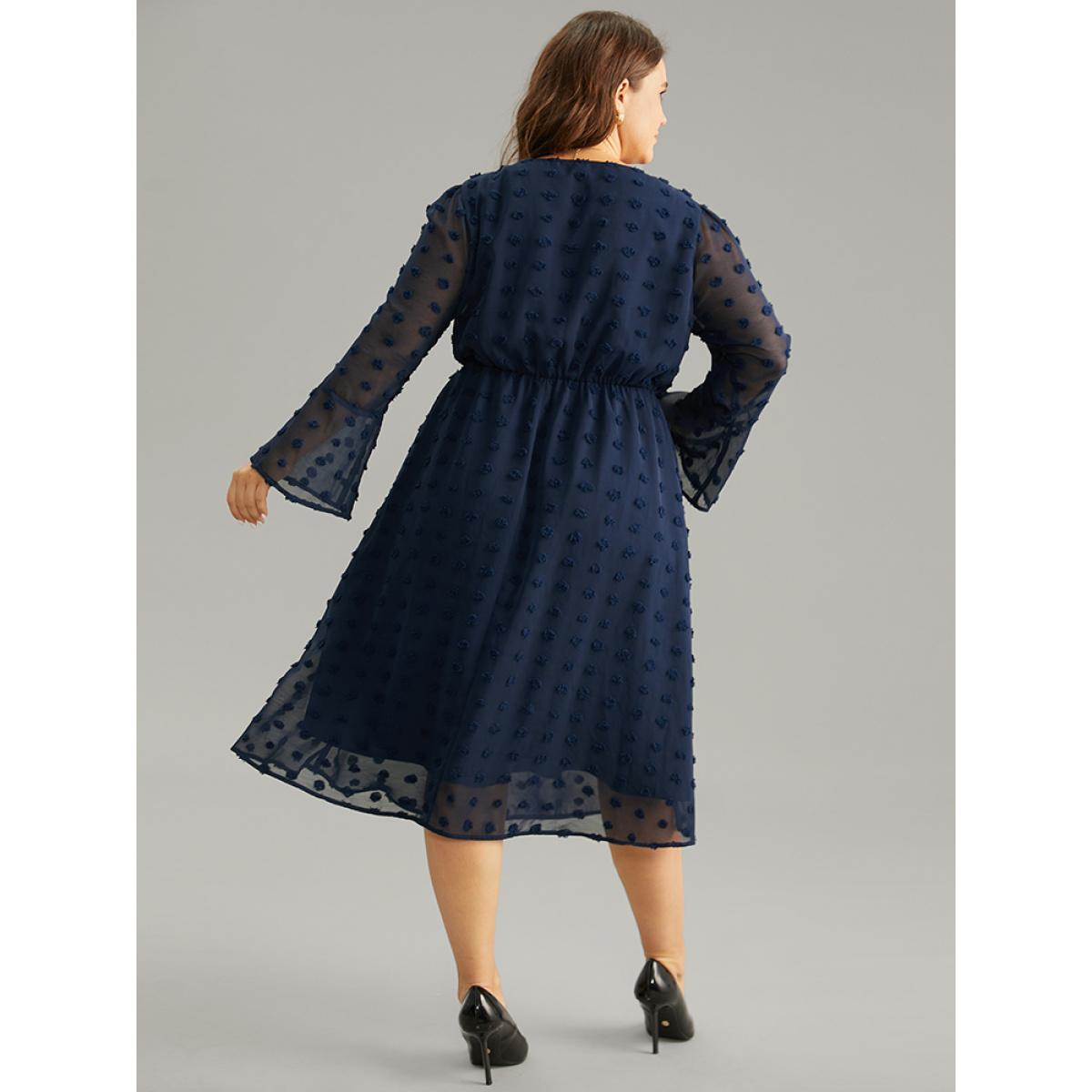 Plus Size Plain Texture Elastic Waist Jacquard Dress Indigo Women At the Office Texture V-neck Long Sleeve Curvy Midi Dress BloomChic 12/L Product Image