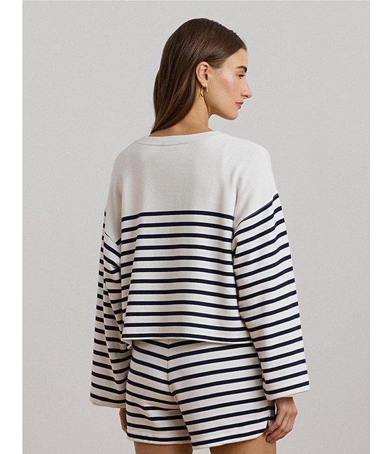 Lauren Ralph Lauren Striped French Terry Embroidered Crew Neck Long Sleeve Cropped Sweatshirt Product Image