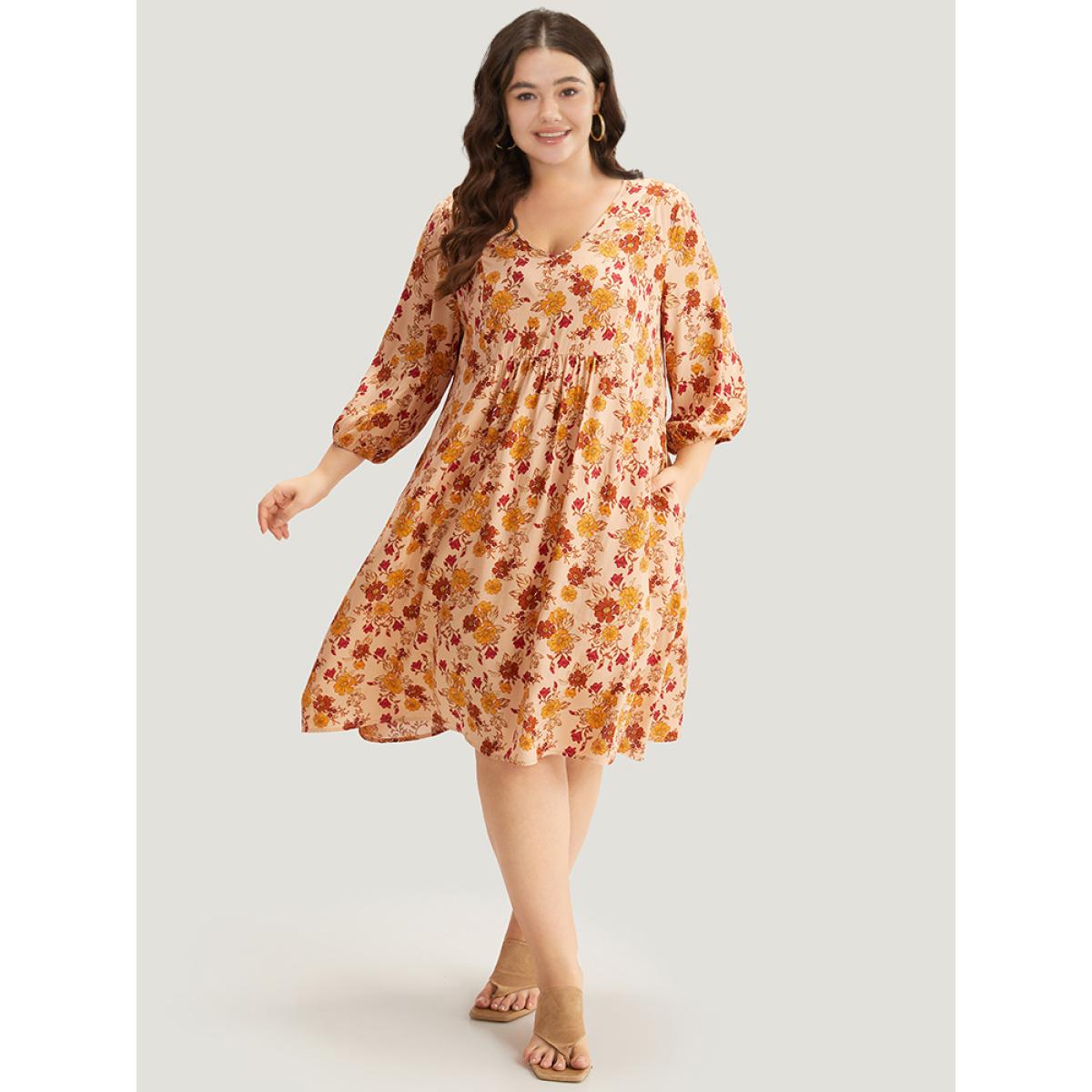 Plus Size Supersoft Essentials Floral Print Pocket V Neck Dress Apricot Women Resort Elastic cuffs V-neck Elbow-length sleeve Curvy Midi Dress BloomChic 10/M Product Image