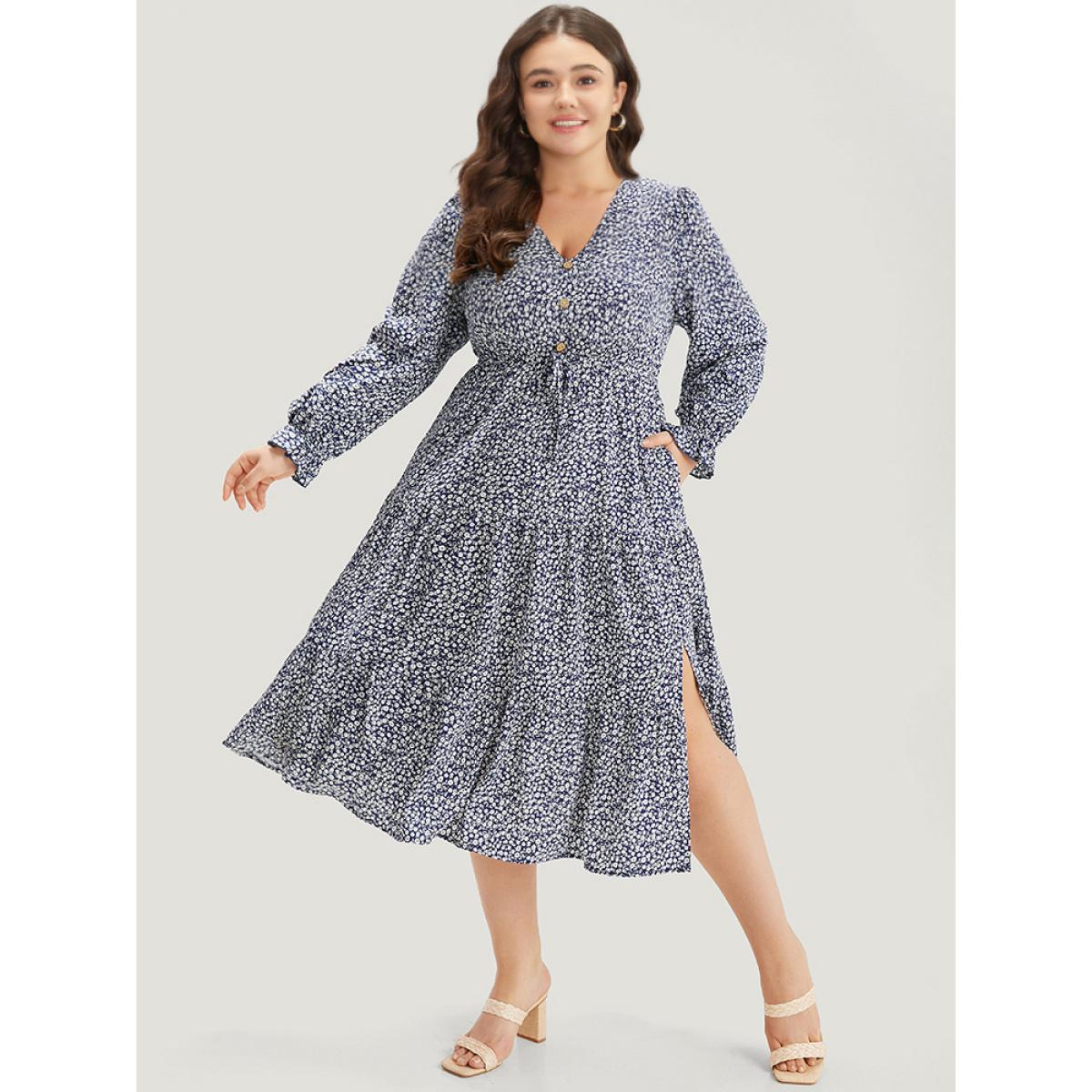 Plus Size Ditsy Floral Pocket Button Detail Split Hem Dress Indigo Women Elegant Elastic cuffs V-neck Long Sleeve Curvy Midi Dress BloomChic 18-20/2X Product Image