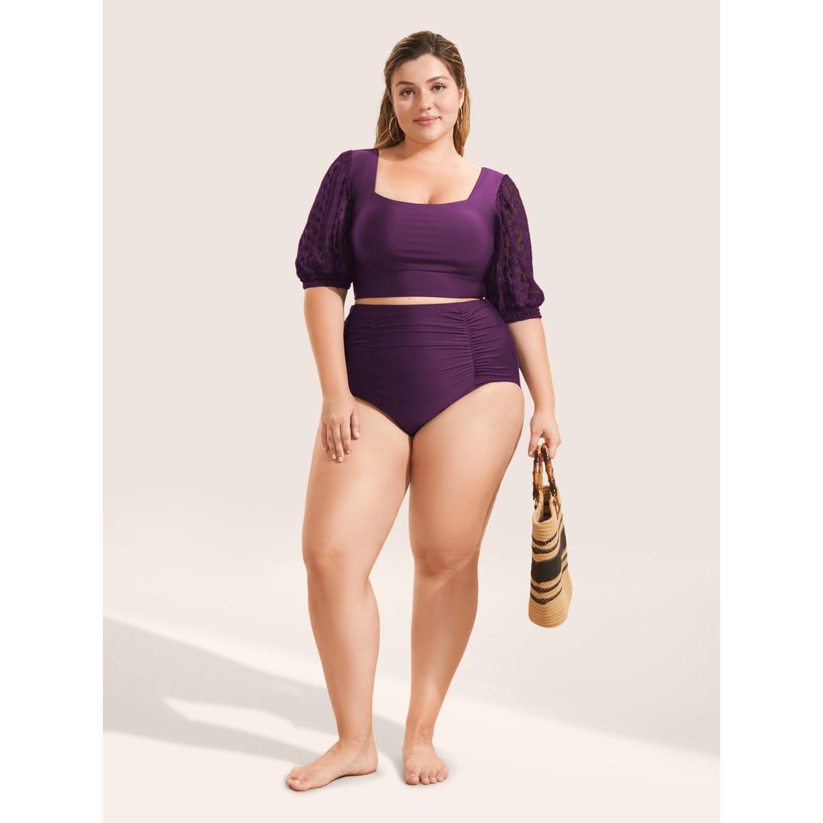 Plus Size Square Neck Patchwork See Through Swim Top Women's Swimwear Deeppurple Beach See through High stretch Skinny Square Neck Curve Swim Tops BloomChic 10/M Product Image