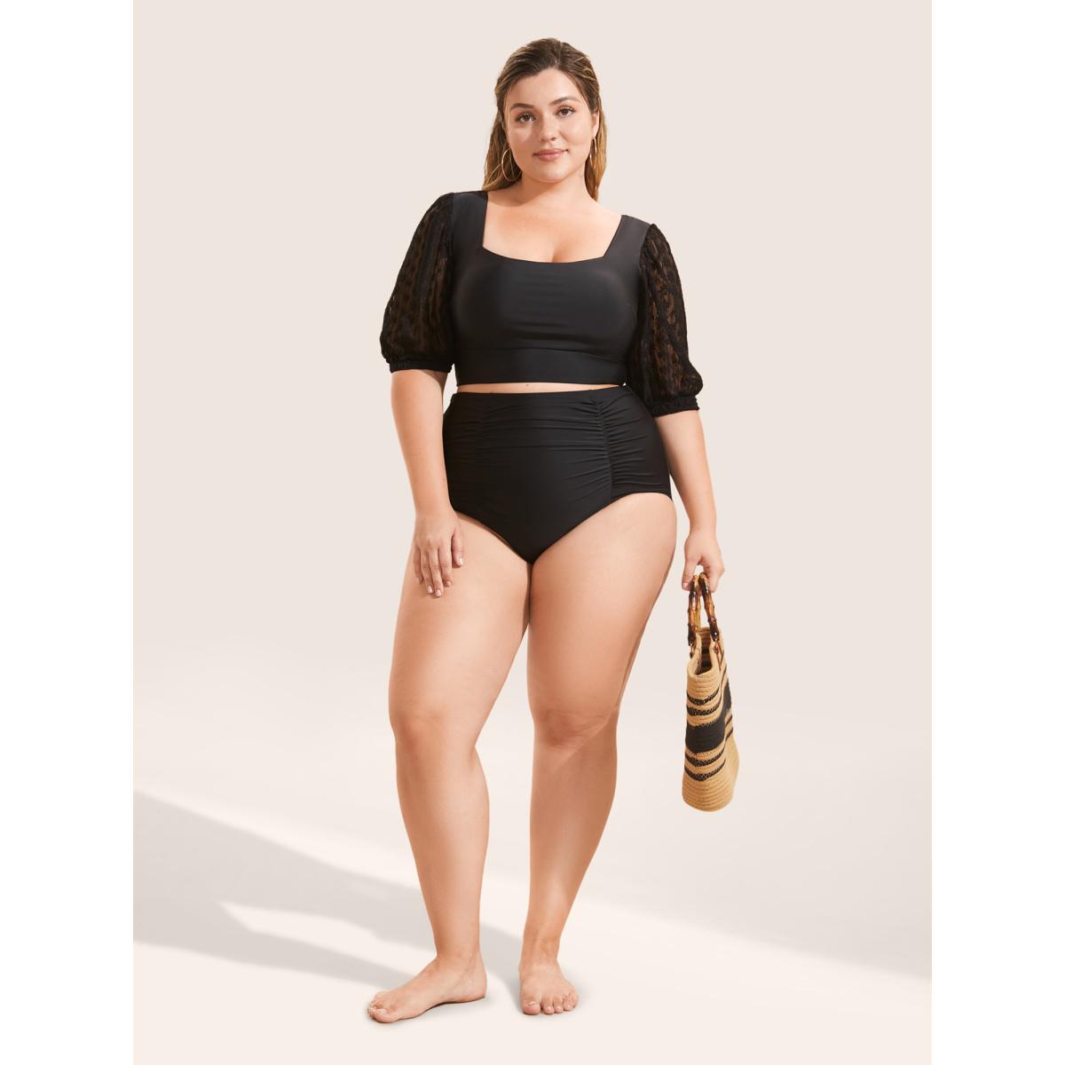 Plus Size Square Neck Patchwork See Through Swim Top Women's Swimwear Indigo Beach See through High stretch Skinny Square Neck Curve Swim Tops BloomChic 22-24/3X Product Image