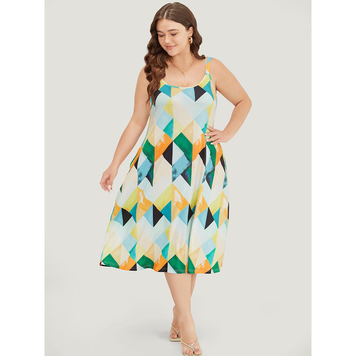 Plus Size Geometric Print Ruffles Pocket Spaghetti Strap Dress Multicolor Women Elegant Adjustable Straps Spaghetti Strap Sleeveless Curvy Midi Dress BloomChic 12/L Product Image