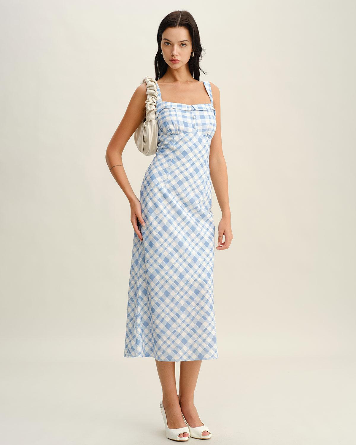 Blue Plaid Square Neck Slip Midi Dress Product Image