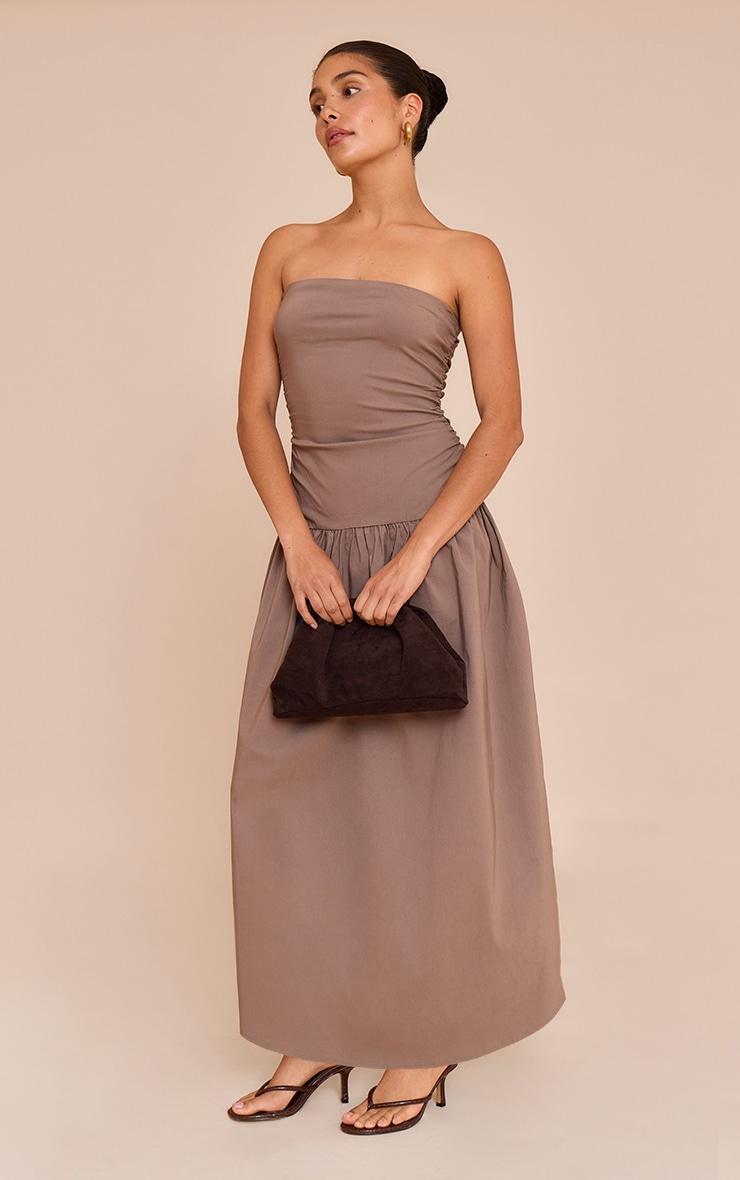 Petite Taupe Stretch Woven Bandeau Ruched Maxi Dress Product Image