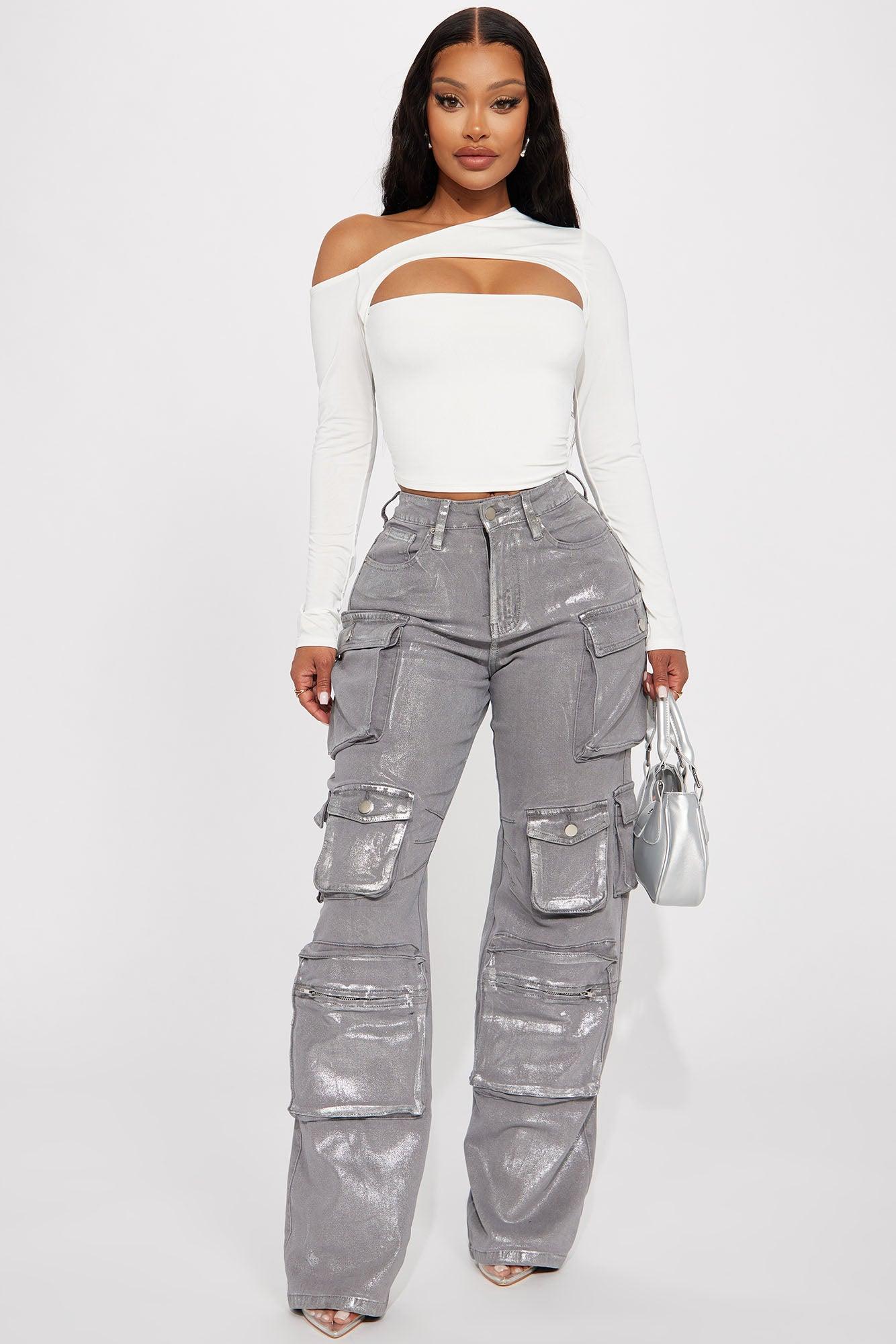 Time To Shine Foil Baggy Cargo Jeans - Silver Product Image