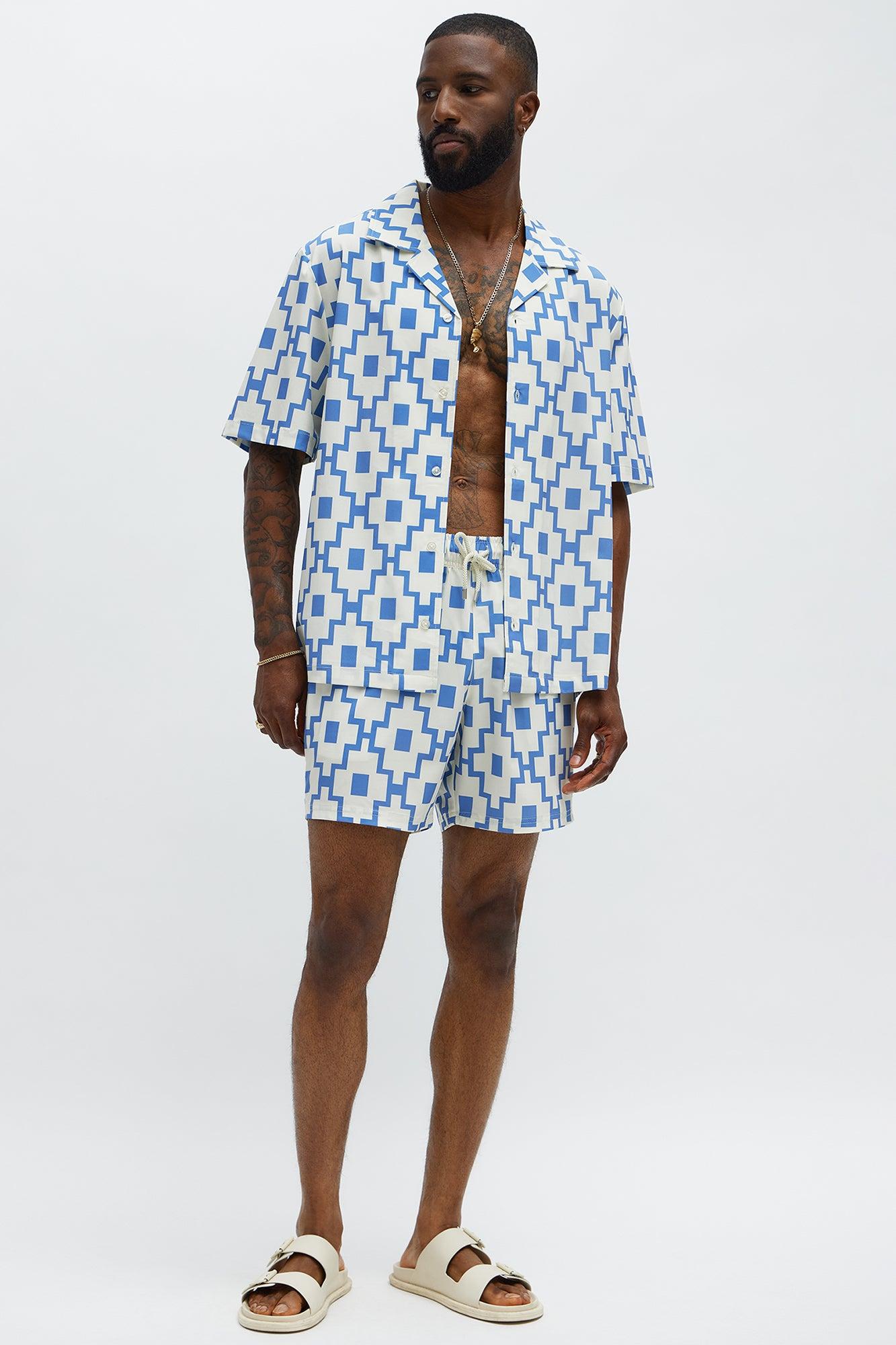 Mosaic Printed Cuban Shirt - Blue/combo Male Product Image