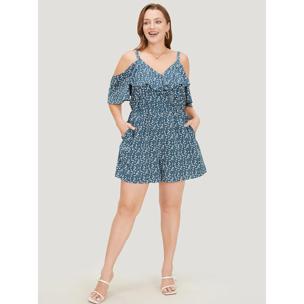 Plus Size Stone Ditsy Floral Pocket Zipper Ruffle Cold Shoulder Romper Women Casual Short sleeve Spaghetti Strap Dailywear Loose Jumpsuits BloomChic 22-24/3X Product Image